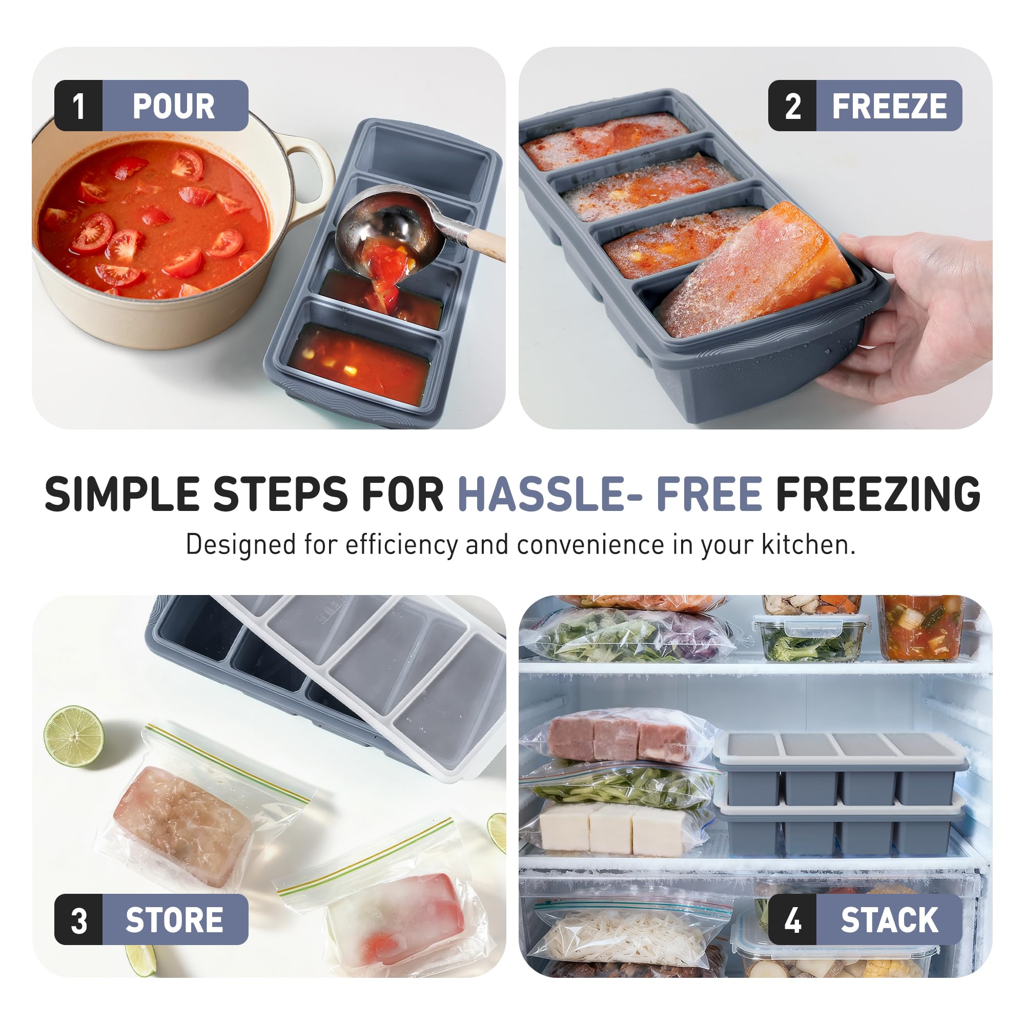 Silicone Freezer Tray with Lid Soup Freezer Container Molds with Steel Reinforced Rim Large Ice Cube Tray Makes 8 Perfect 1 Cup Portions Cubes Storage Food Ice Block Molds New Home Essentials