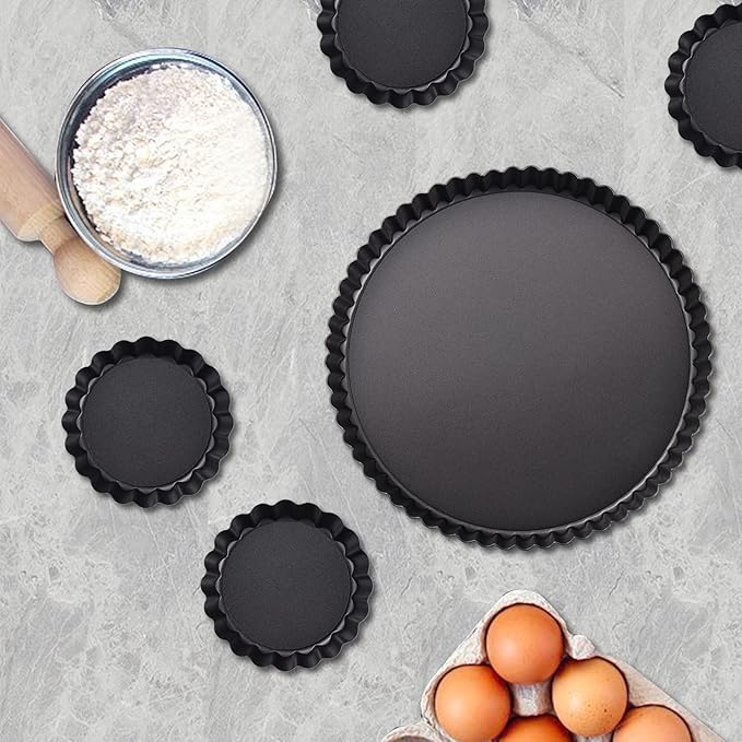 Theuzi 9 in Non-Stick Tart and Quiche Pan with Removable Bottom and 4 Mini Tart Pans 4-inch, Heavy Duty Fluted Side for Pies, Mousse Cakes, Dessert Baking (5 Pack)