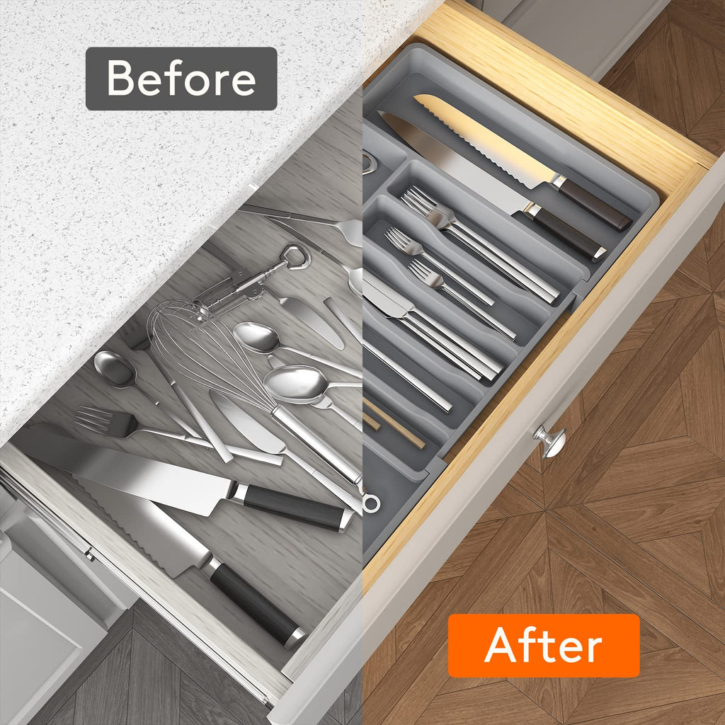 Lifewit Extra Large Silverware Drawer Organizer, Expandable Utensil Tray for Kitchen, BPA Free Flatware and Cutlery Holder, Adjustable Plastic Storage for Spoons Forks Knives, 13-22 x 15, Gray