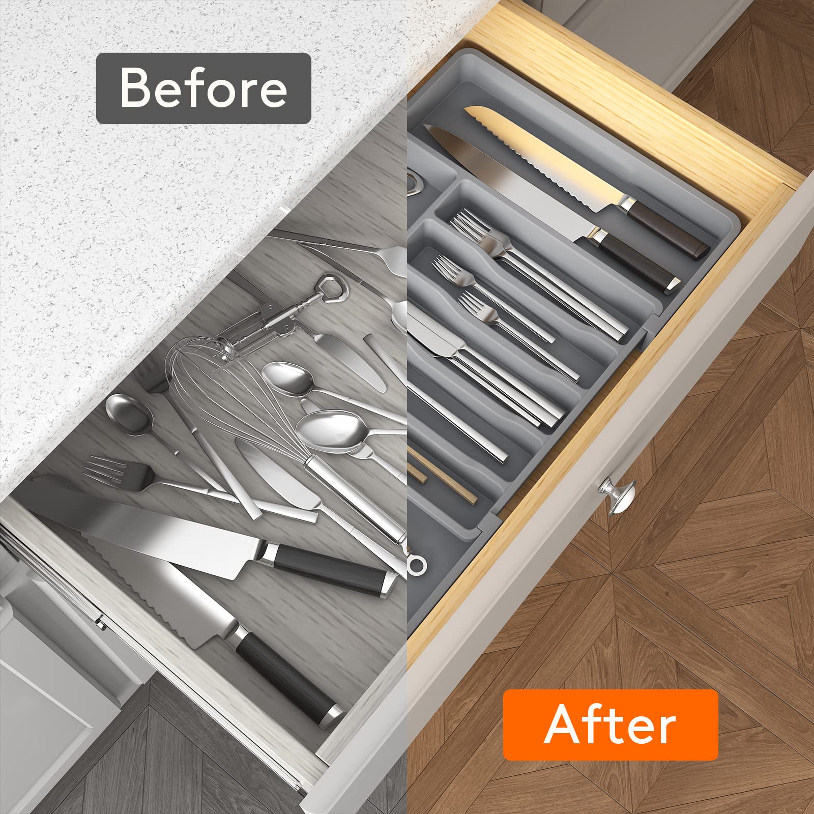 Lifewit Extra Large Silverware Drawer Organizer, Expandable Utensil Tray for Kitchen, BPA Free Flatware and Cutlery Holder, Adjustable Plastic Storage for Spoons Forks Knives, 13-22 x 15, Gray