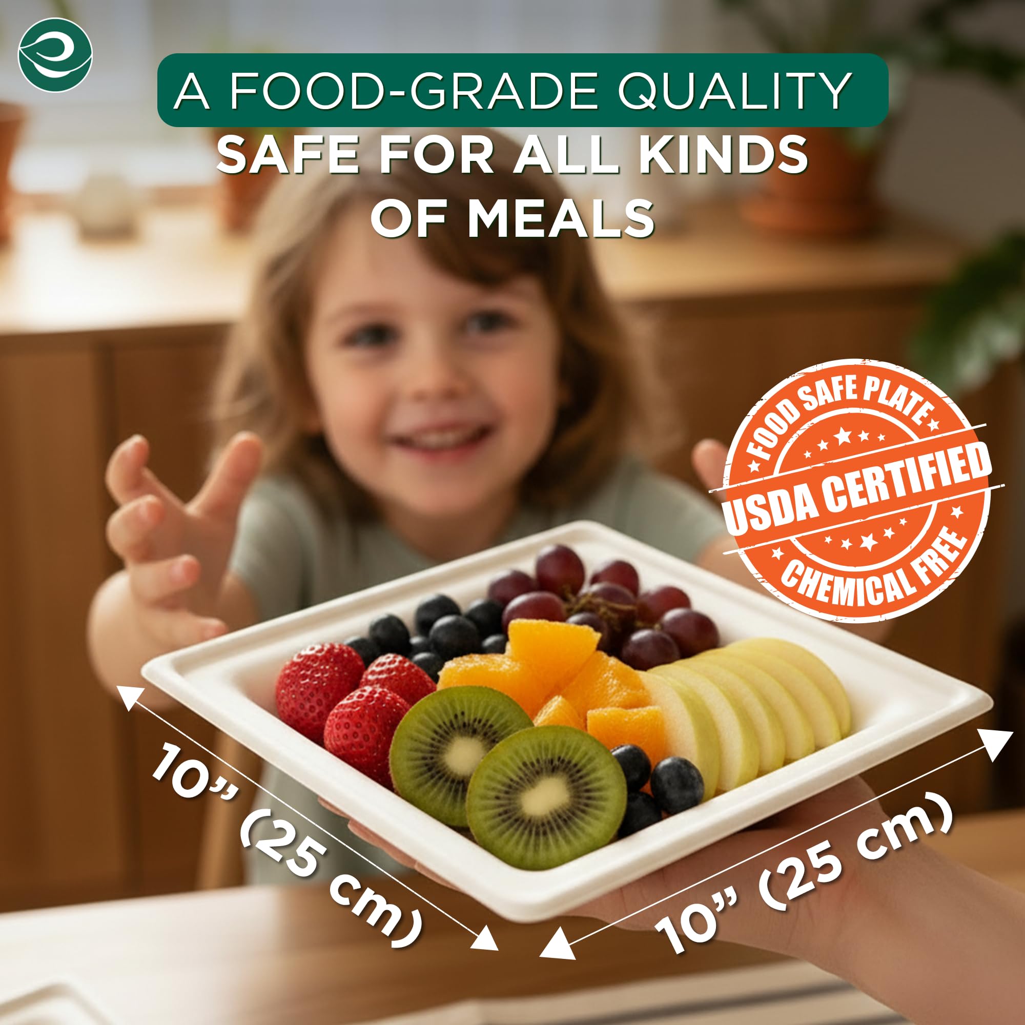 ECO SOUL 10 Inch Disposable Bagasse Paper Plates (200 Pack, Square)