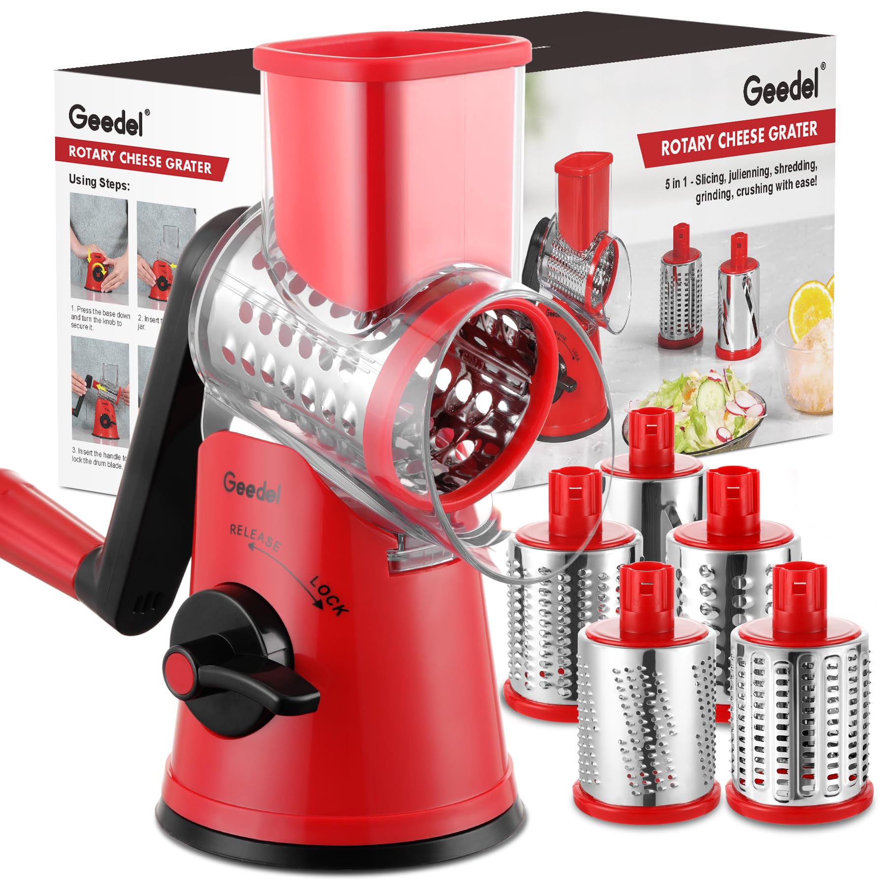 Geedel Rotary Cheese Grater Hand Crank, Cheese Shredder Vegetable Slicer