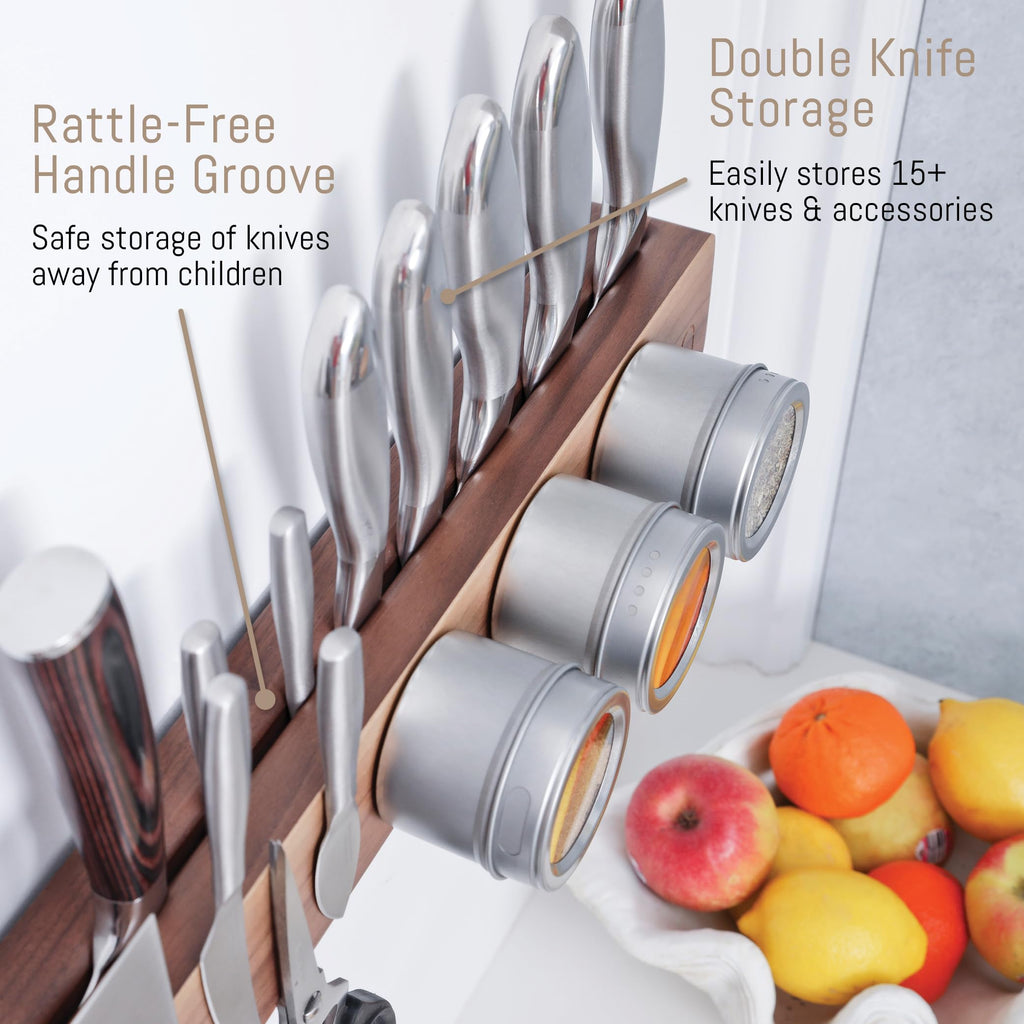 Walnut 16 inch Magnetic Knife Holder for Wall with 2x Storage & Charming Wood - Knife Magnetic Strip, Under Cabinet Magnet Knives Storage - Magnet Strip Rack Kitchen Utensil Holder Organizer Tool
