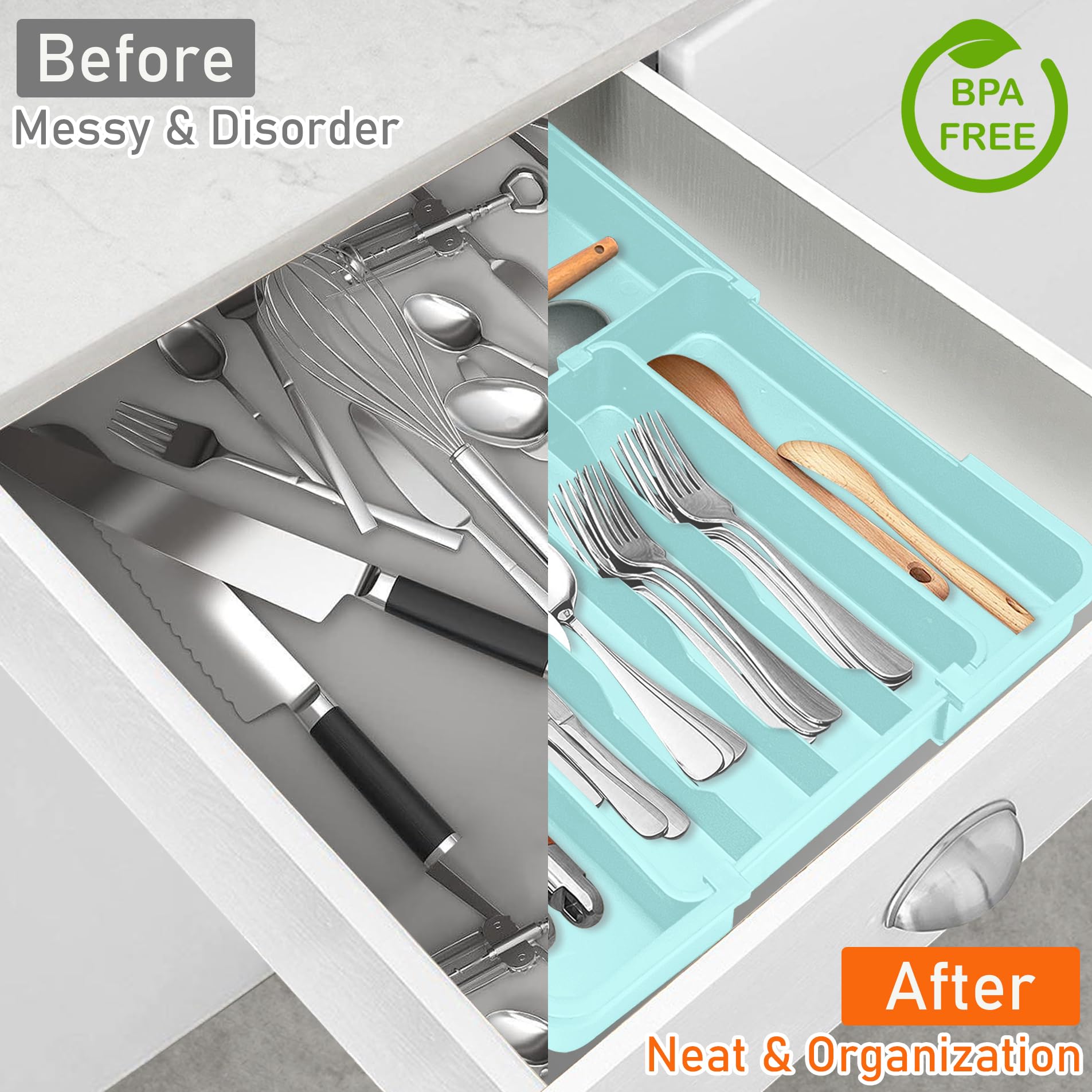 Spaclear Silverware Organizer - Expandable Silverware Drawer Organizer Adjustable Drawer Organizer, Silverware Tray for Drawer15.2"x 19" Cutlery Drawer Organizer, Kitchen Organizers Storage, Turquoise