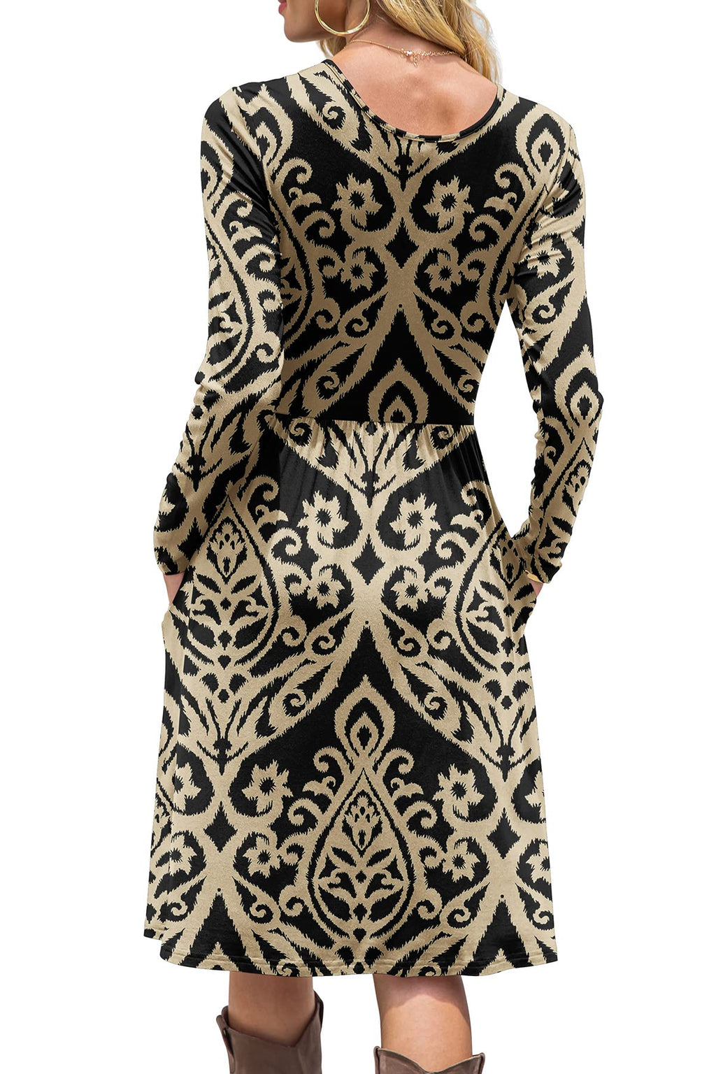 DB MOON Women Casual Long Sleeve Dresses Empire Waist Knee Length Loose Dress with Pockets (Black and Gold, XL)