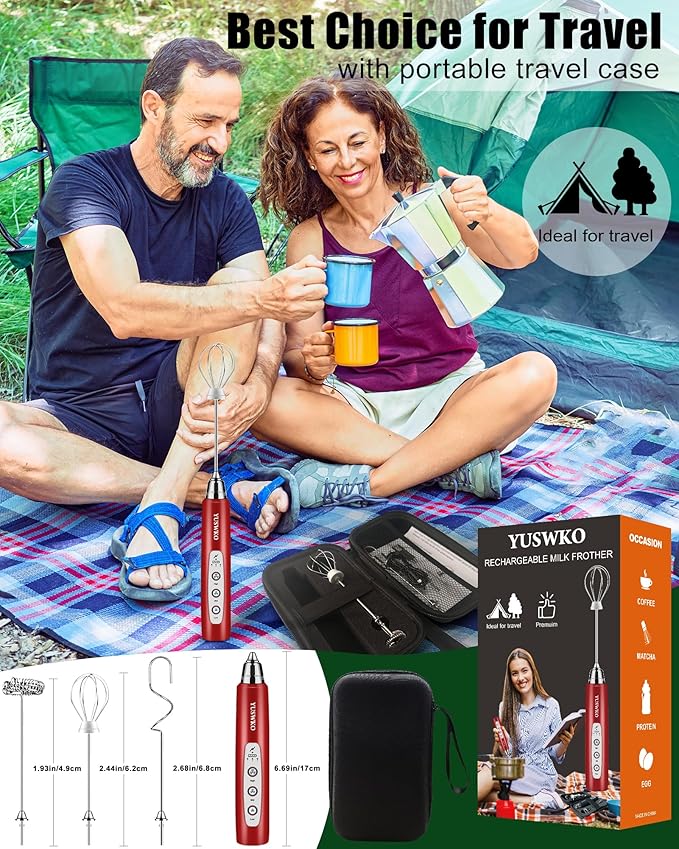 YUSWKO Rechargeable Milk Frother for Coffee, Handheld Drink Mixer with 3 Heads 3 Speeds, Ideal Electric Stirrers for Travel, 01FROTHER_RED-TRAVEL3