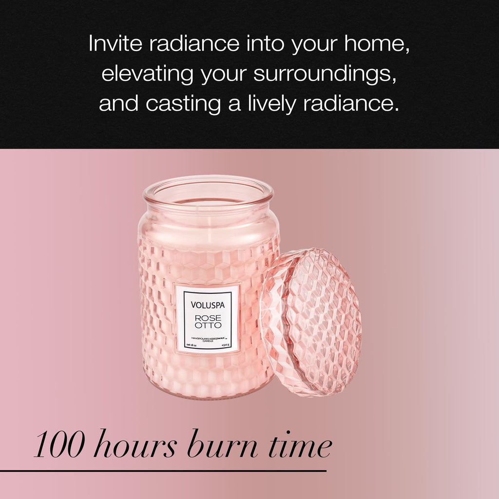 Voluspa Rose Otto, Large Candle Jar, 18 Ounce, 100 Hour Burn Time, Coconut Wax for Clean Burning, Handcrafted in the USA