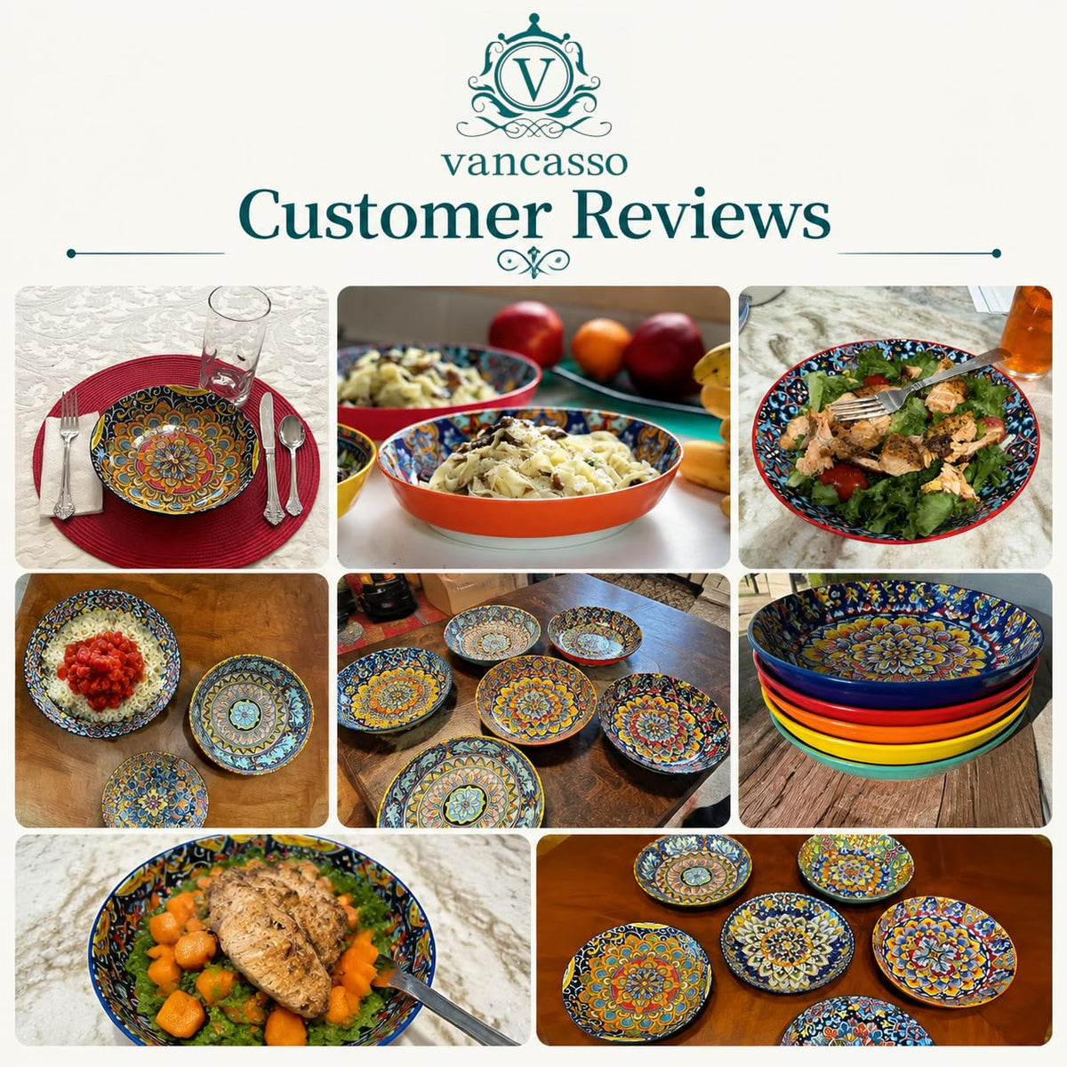 vancasso 32 Oz Pasta Bowls Set of 6, Ceramic Bohemian Soup Salad Bowls