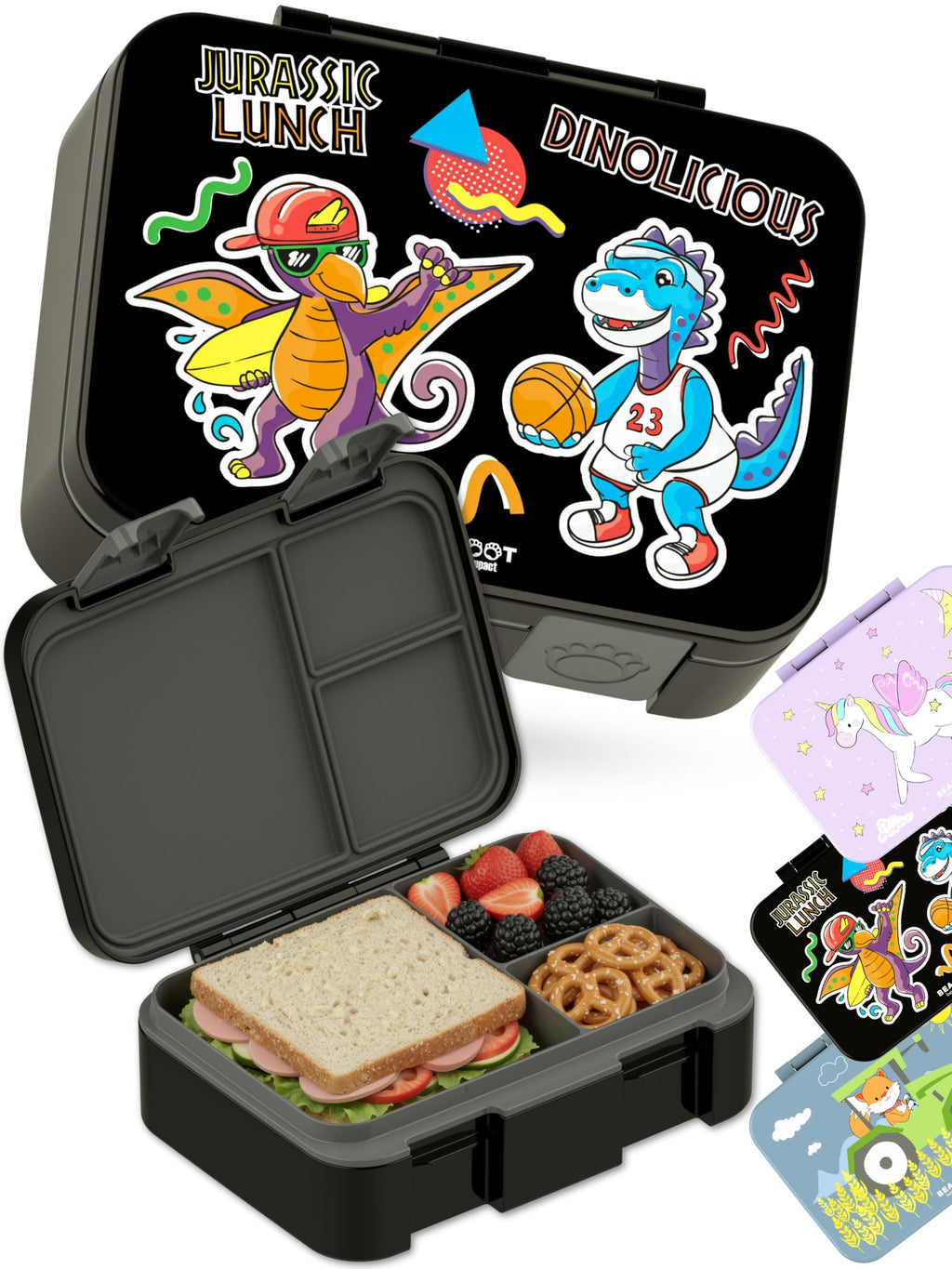 BEARFOOT Kids Lunch Box with Compartments – Compact & Lightweight | Leak-Proof, BPA-Free, Dishwasher Safe | Hand-Drawn Design for Preschool, School, Travel (Sticker Purple, 2.75 Cups)