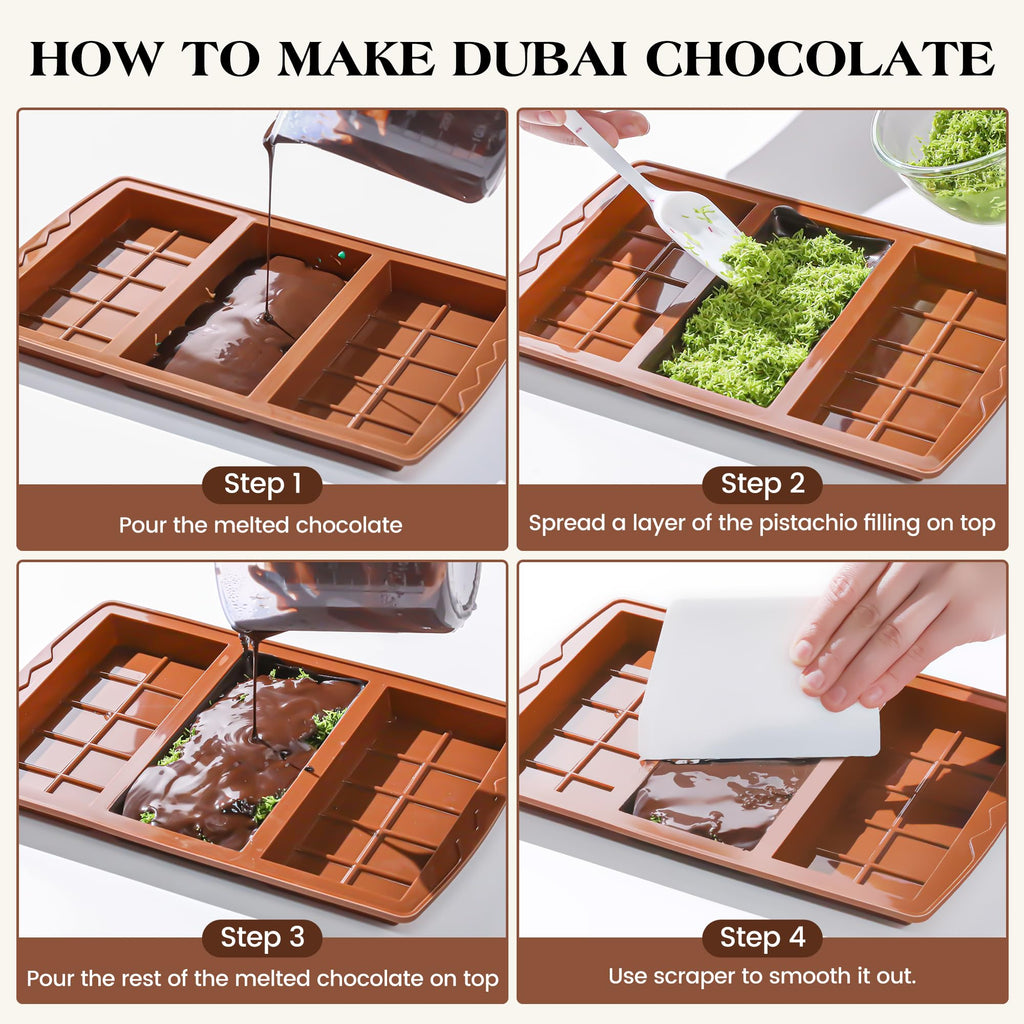 KASHME 1 Pc Chocolate Bar Mold Deep Large Chocolate Molds Silicone Break Apart Thick Silicone Molds for Candy Bar, With 100 Pcs Bags and 1 Pc Scraper Set (10 Snap）