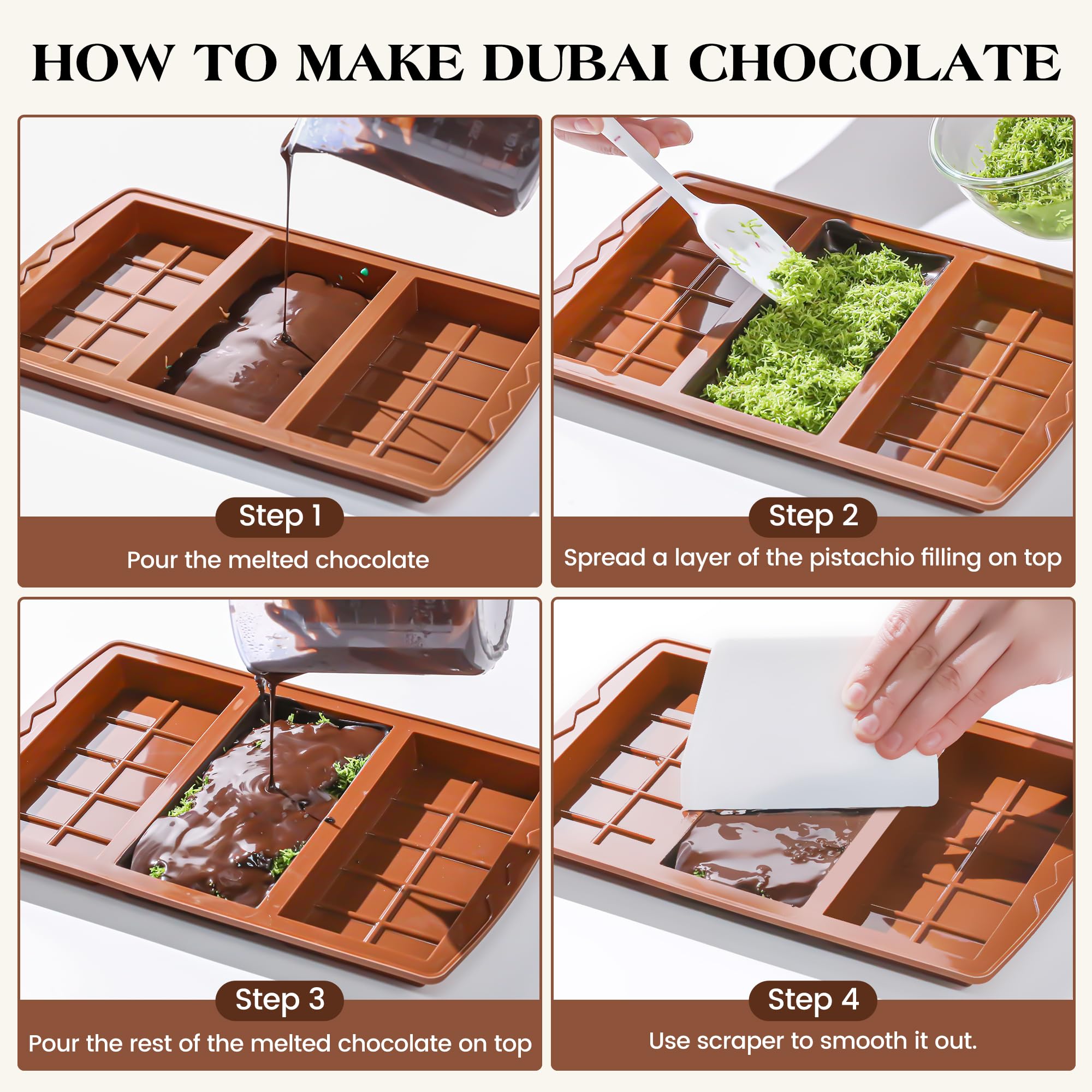KASHME 1 Pc Chocolate Bar Mold Deep Large Chocolate Molds Silicone Break Apart Thick Silicone Molds for Candy Bar, With 100 Pcs Bags and 1 Pc Scraper Set (10 Snap）