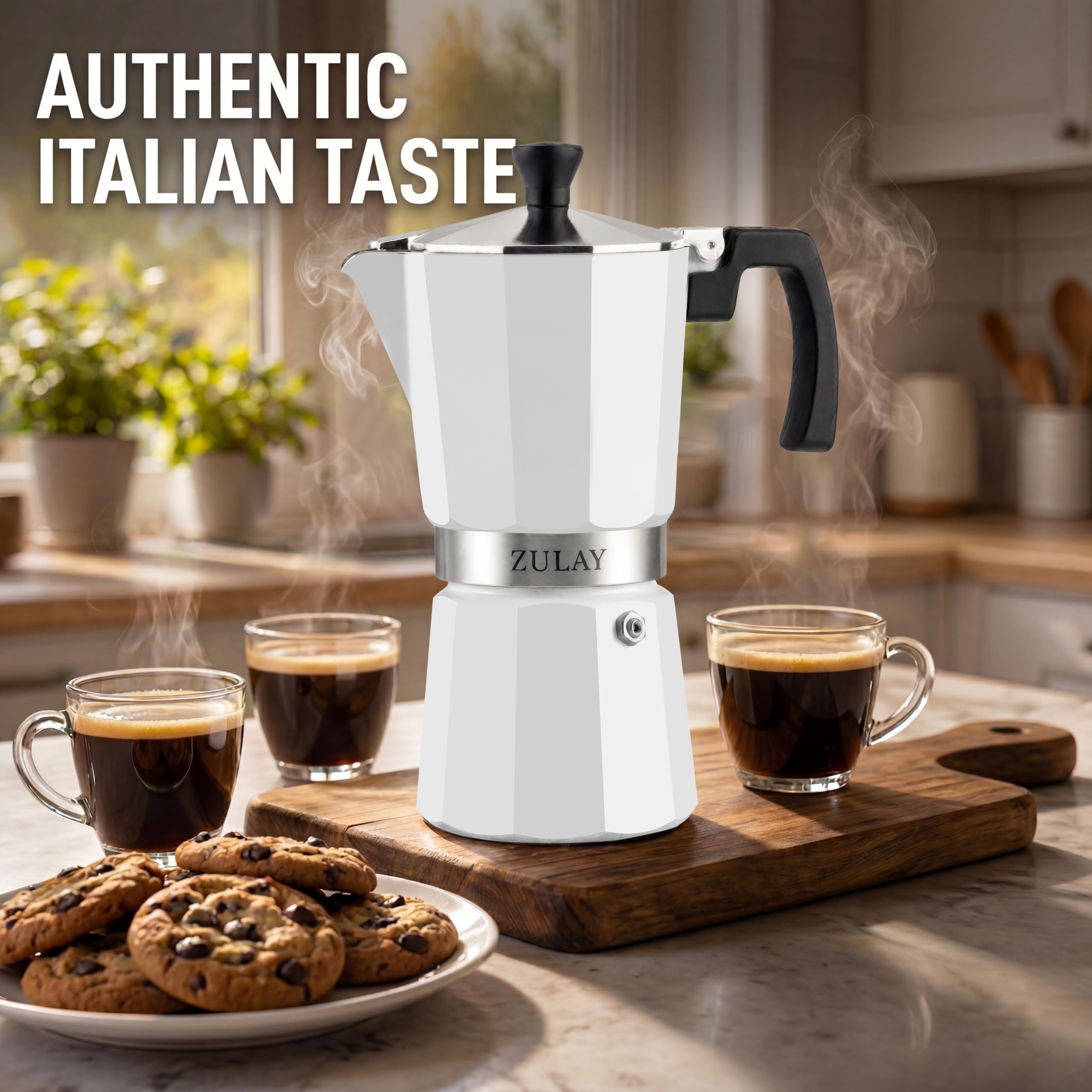 Zulay Moka Pot Espresso Stovetop Coffee Maker - Leak-Proof, Stainless Steel, Easy to Clean, Heat Resistant Handle & Knob - for Authentic Cuban & Italian Style Espresso - Makes 12 Espresso Cups - White