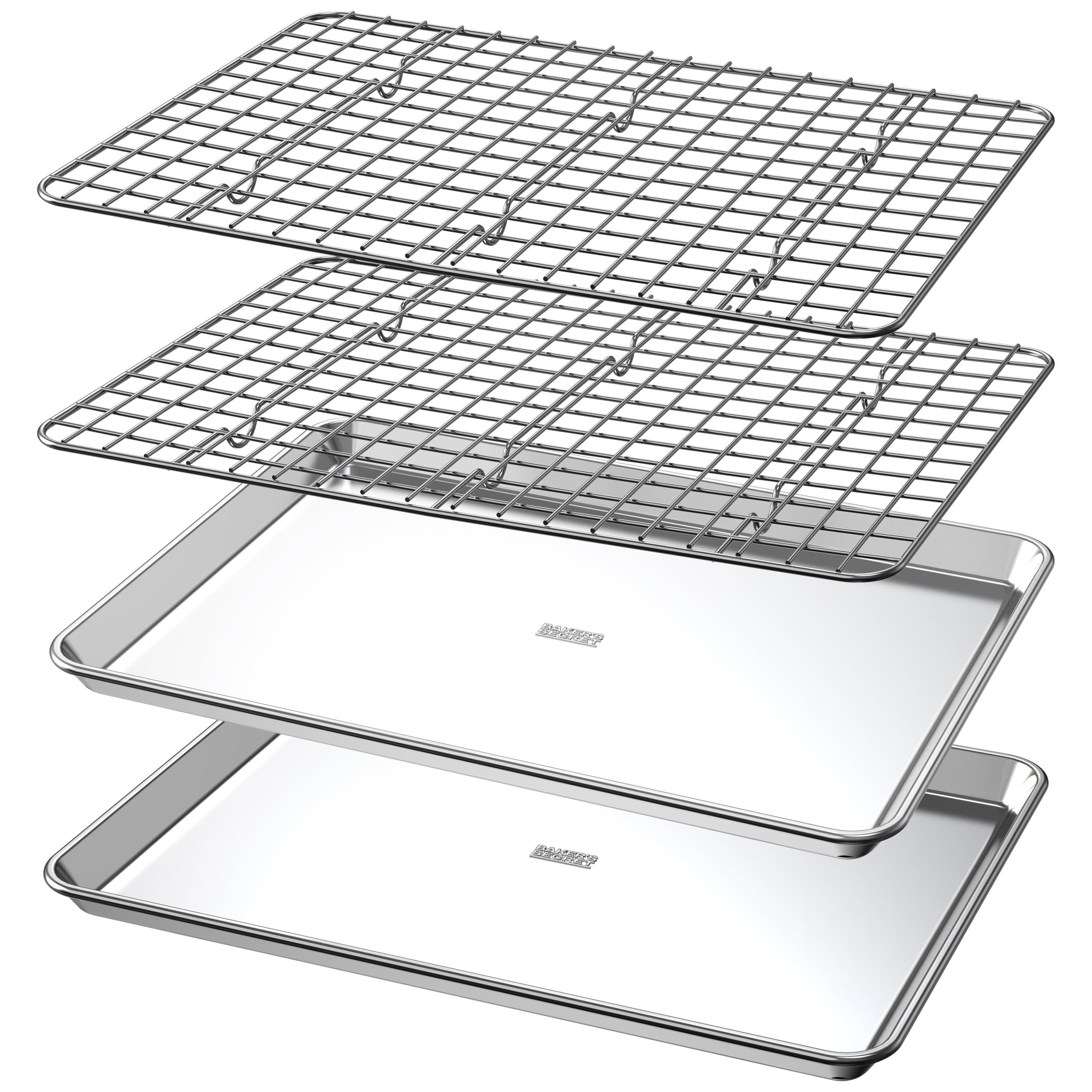 Baker's Secret 4pcs Set, 2x Baking Trays for Oven, 100% Recycled Aluminum, Non Toxic, Bakeware Set Cookie Sheet 13.6" with 2x Stainless Steel Rack Never Rust - The Natural Aluminum Collection