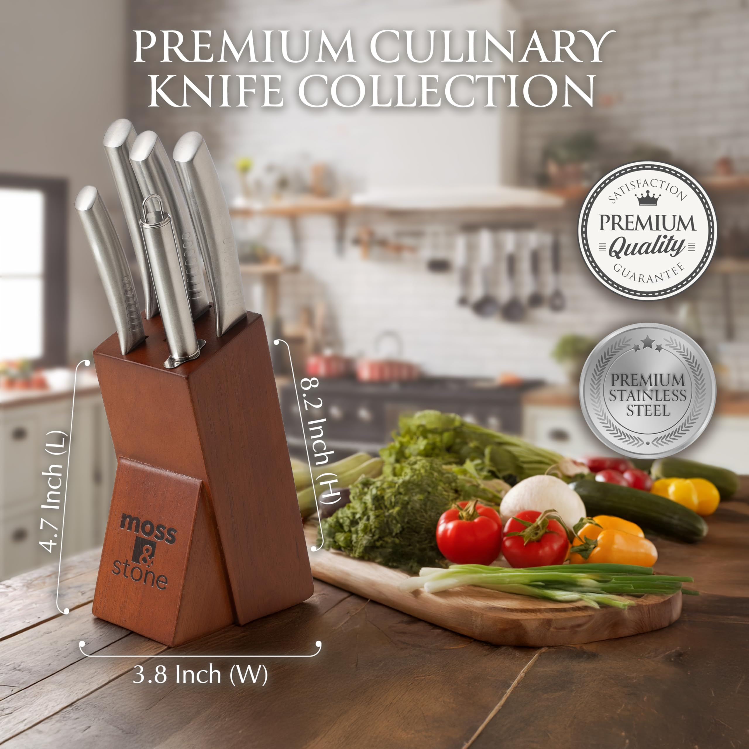 Moss & Stone Small 6 Pcs Kitchen Knife Set with Block, Stainless Steel