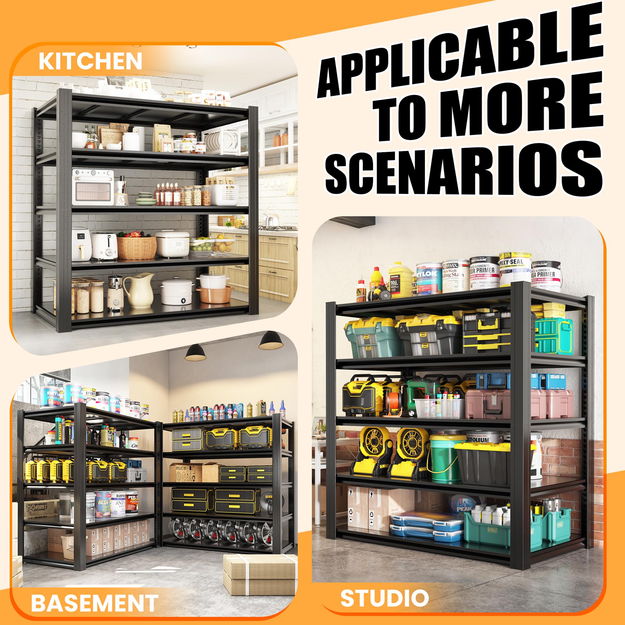 mysteeldepot 72" H Garage Shelving, Heavy Duty Storage Shelves, Garage Storage Shelves, Adjustable 5 Tier Metal Shelving Unit, Utility Shelves for Garage Warehouse Backyard, 72" H×48" W×24" D