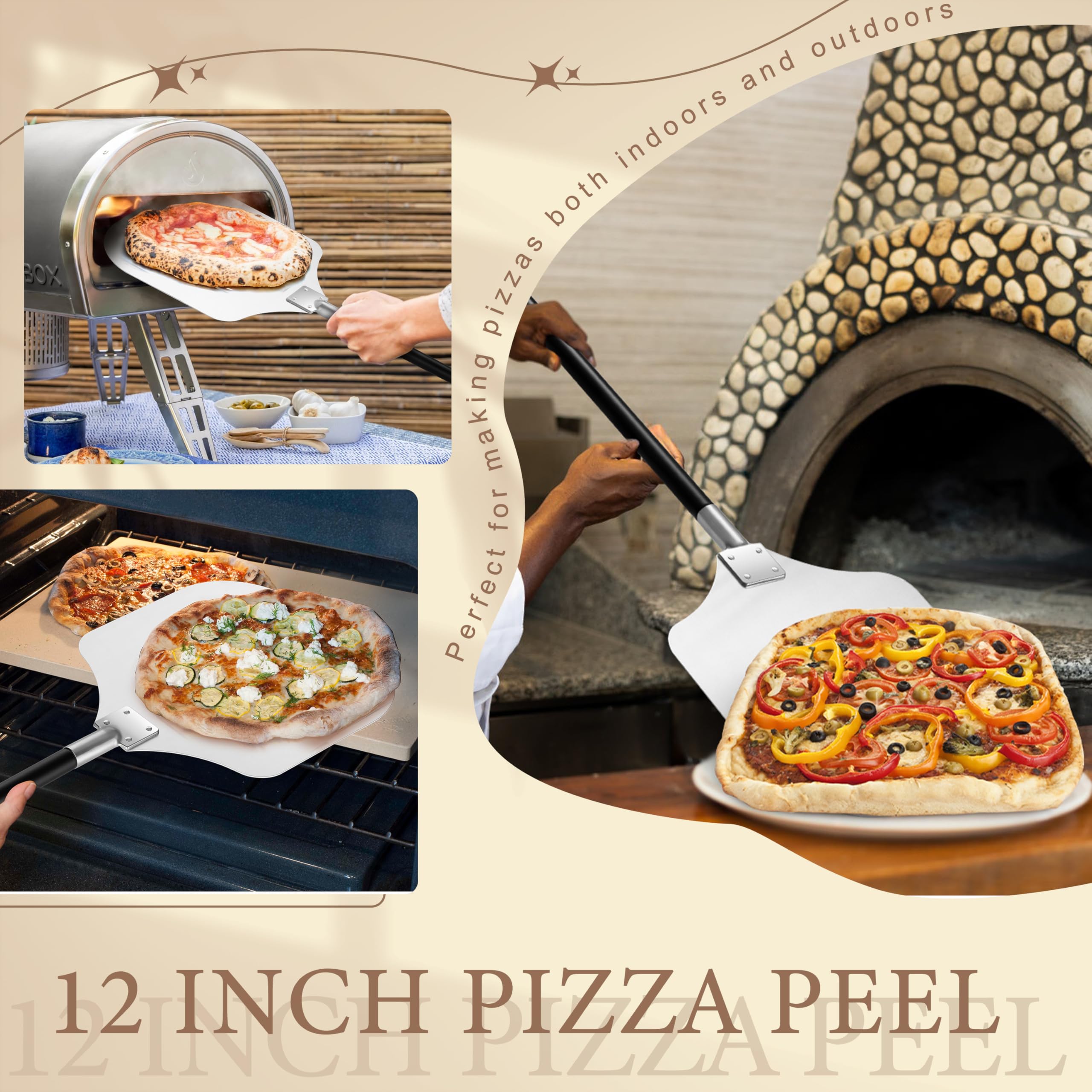 HaSteeL Aluminum Pizza Peel Spatula Set, 12 Inch Pizza Paddle Shovel, 14 Inch Metal Pizza Cutter Rocker, Pizza Oven Accessories Tools for Cooking Baking Turning Cutting, Long Detachable Handle