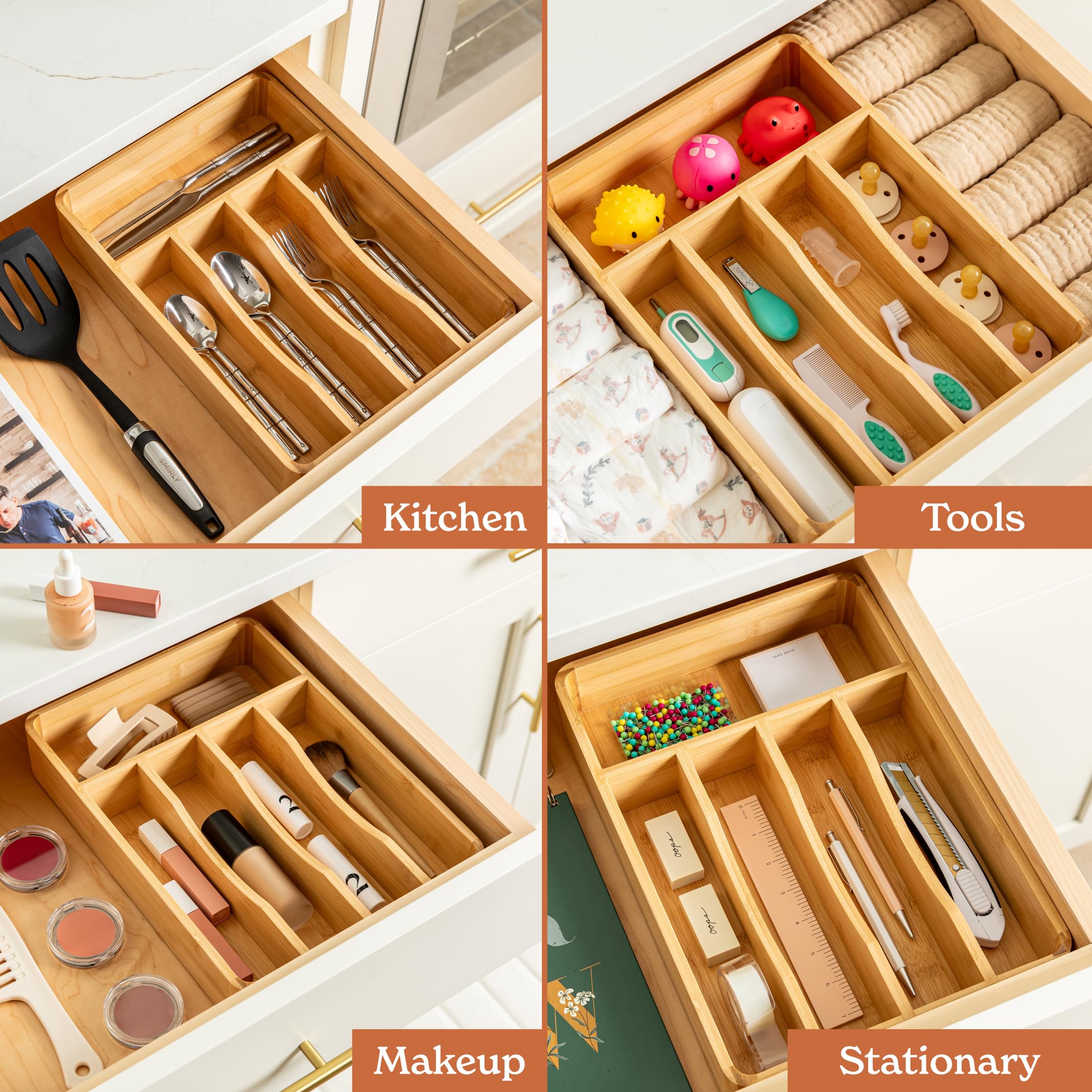 SMIRLY Silverware Drawer Organizer – Bamboo Kitchen Drawer Organizer, Adjustable Utensil Holder and Cutlery Tray, Drawer Dividers for Flatware and Kitchen Utensils