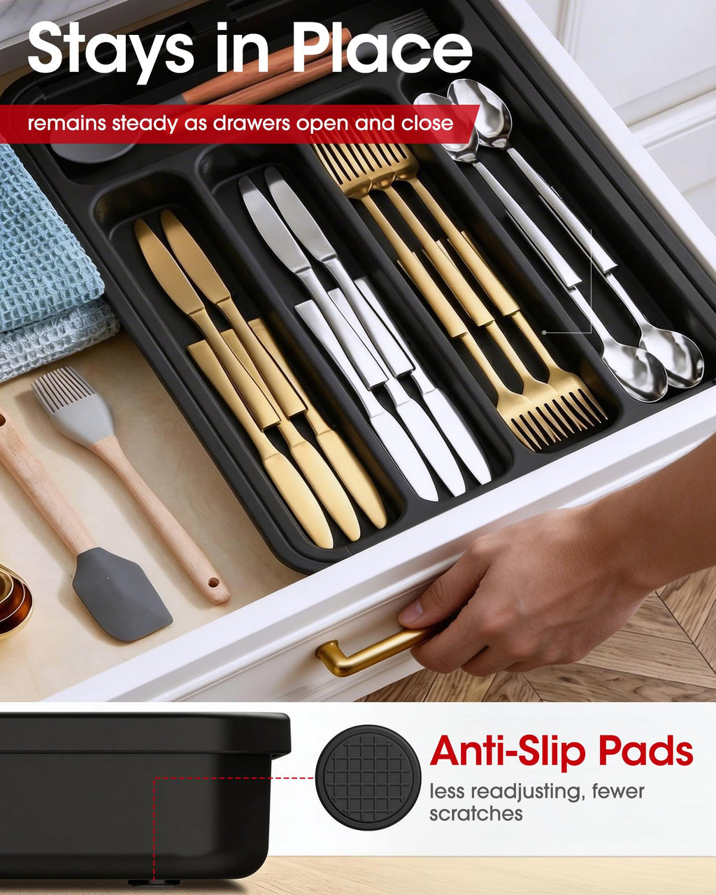 Aujen Silverware Drawer Organizer, Adjustable Utensil Cutlery Tray