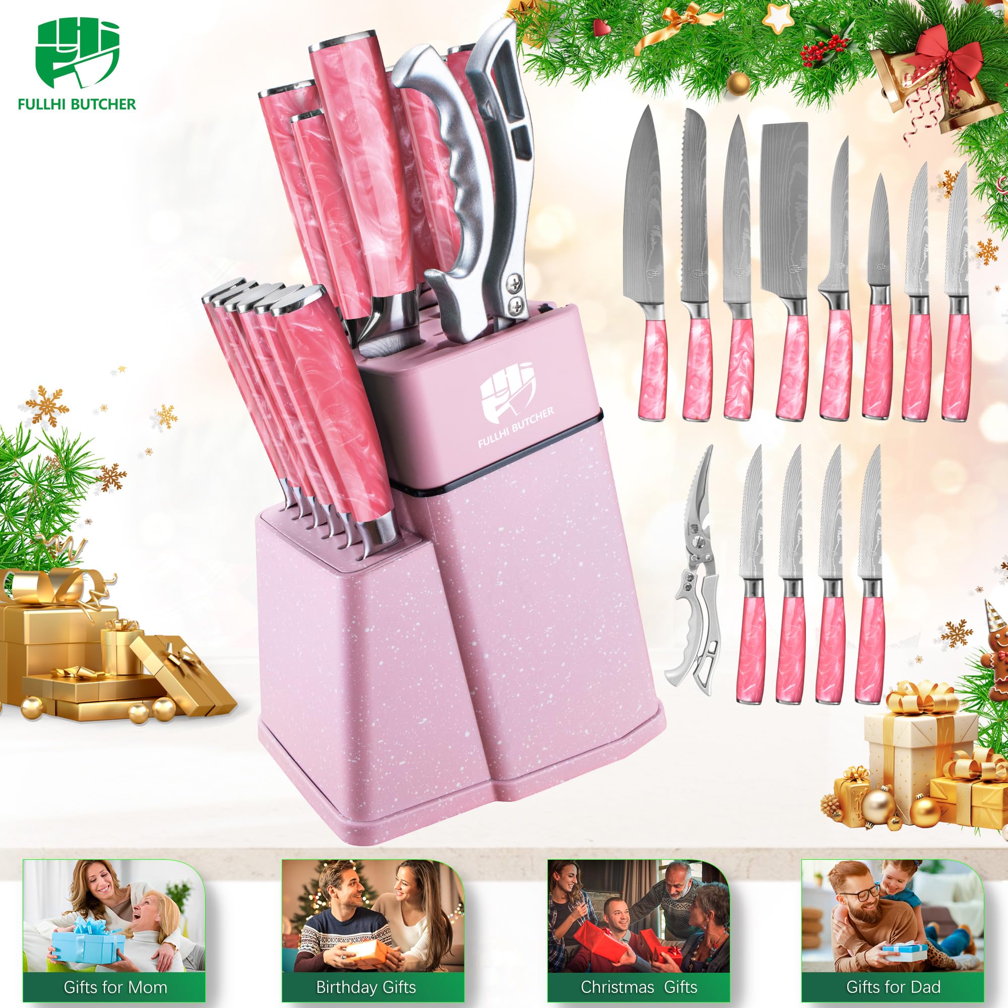 FULLHI 14pcs Block Knife Set, Chef's Knife Steak Knives Set with Block and Sharpener, Kitchen Knife Set, Multi-colour Handle, Gifts for Men Women