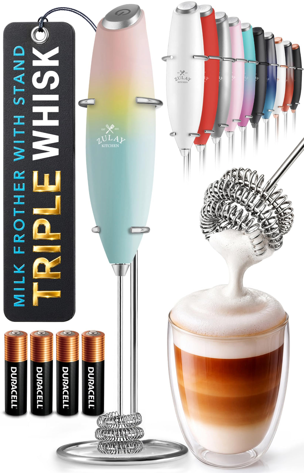 Zulay Kitchen Powerful Milk Frother Wand With Duracell Batteries - Ultra Fast Handheld Drink Mixer - Electric Whisk Foam Maker for Coffee, Lattes, Cappuccino & Matcha - Z1 Motor - Aqua