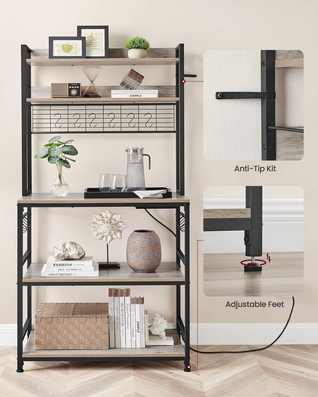 VASAGLE Bakers Rack with Power Outlet, Microwave Stand, Kitchen Tall Utility Storage Shelf, with Metal Wire Panel, 14 Hooks, 15.7 x 31.5 x 66.9 Inches, Heather Greige and Ink Black UKKS025B02