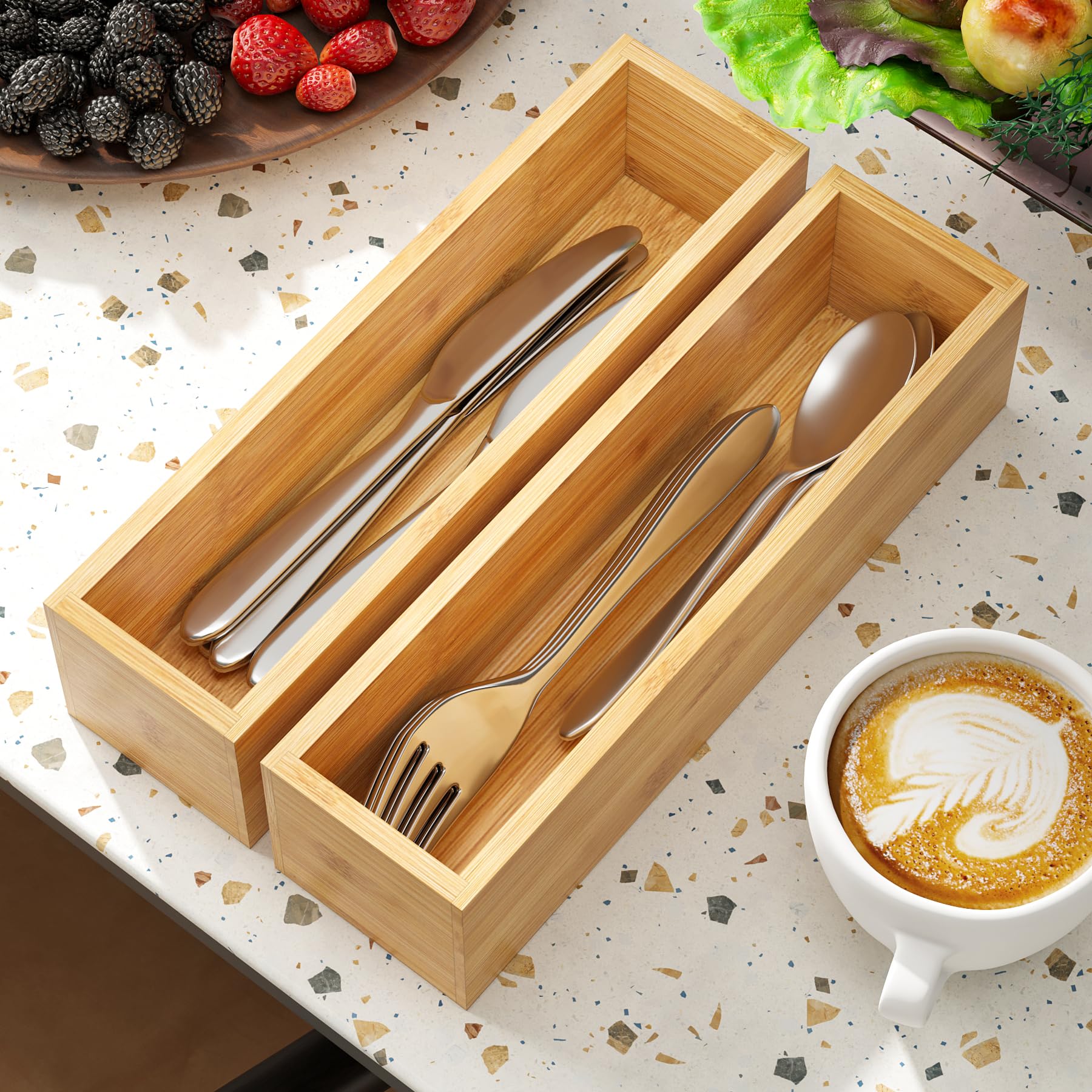 BAMEOS Kitchen Drawer Organizer,Small Silverware Drawer Organizer,Bamboo Utensil Organizer for Bathroom, Dressing Room, Office, Pantry (Natural, 11"x 3") Set of 2