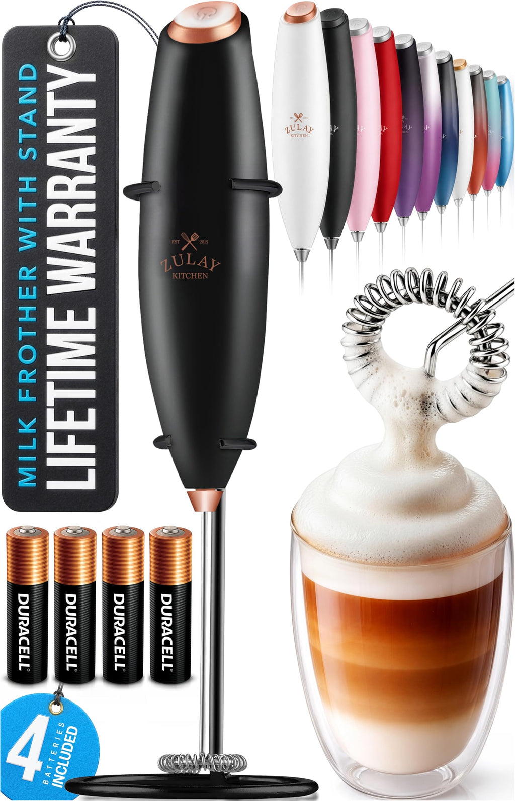 Zulay Kitchen Powerful Milk Frother Wand With Duracell Batteries - Ultra Fast Handheld Drink Mixer - Electric Whisk Foam Maker for Coffee, Lattes, Cappuccino & Matcha - Z1 Motor - Black & Copper
