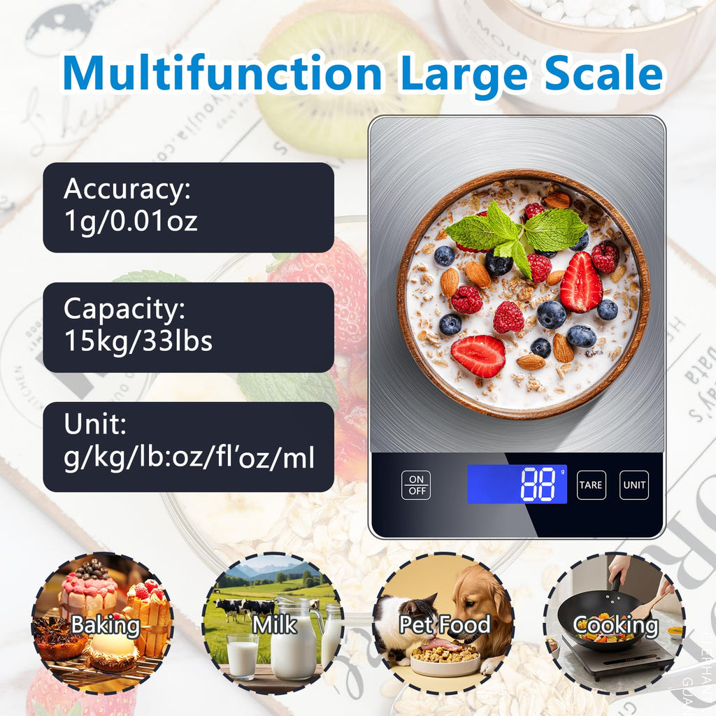 Food Kitchen Scale, Digital Food Scale 33lb Digital Kitchen Scale Precisely Measures Grams and Ounces for Meal Prep Baking and Cooking, Rechargeable 304 Stainless Steel Kitchen Scale LCD Display