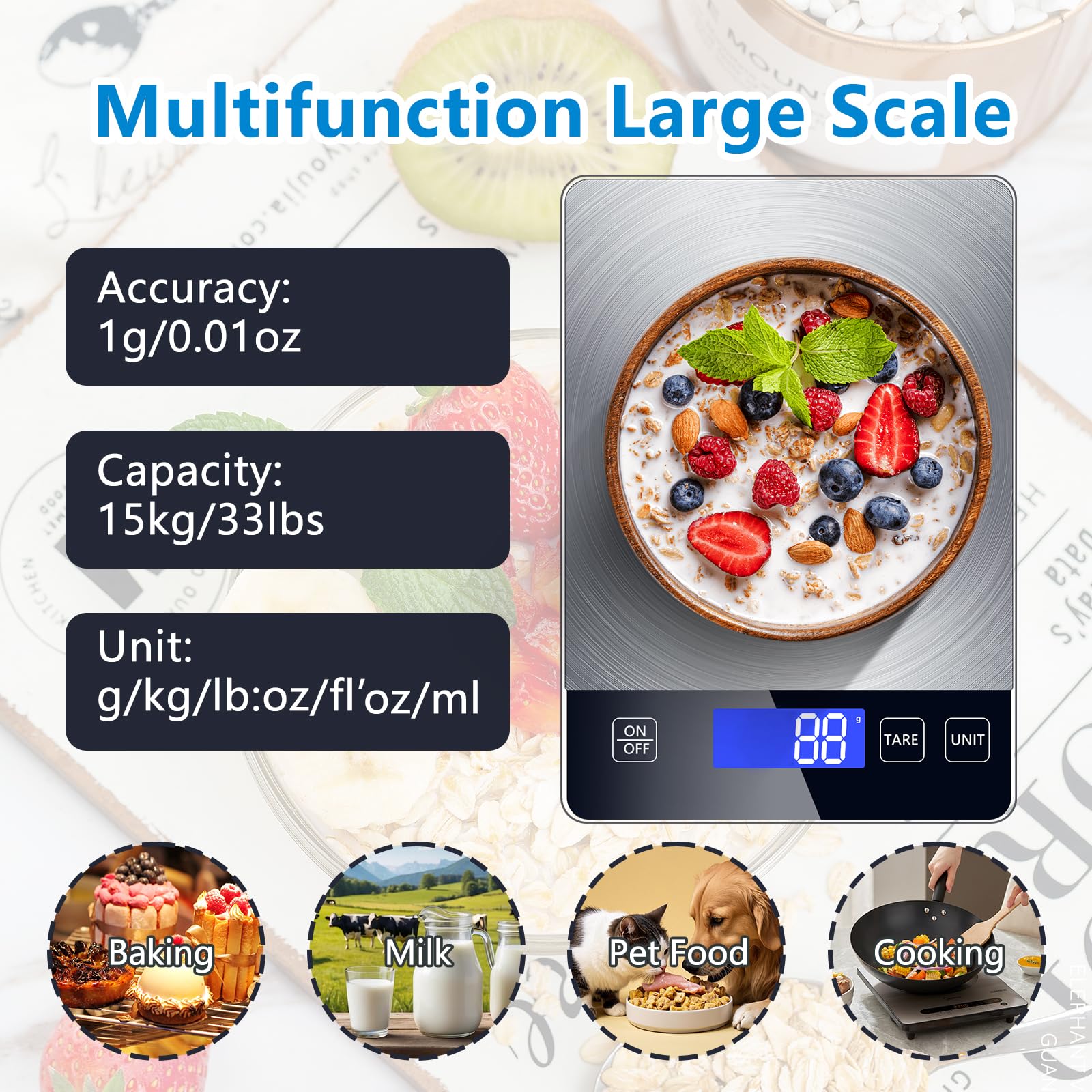 Food Kitchen Scale, Digital Food Scale 33lb Digital Kitchen Scale Precisely Measures Grams and Ounces for Meal Prep Baking and Cooking, Rechargeable 304 Stainless Steel Kitchen Scale LCD Display