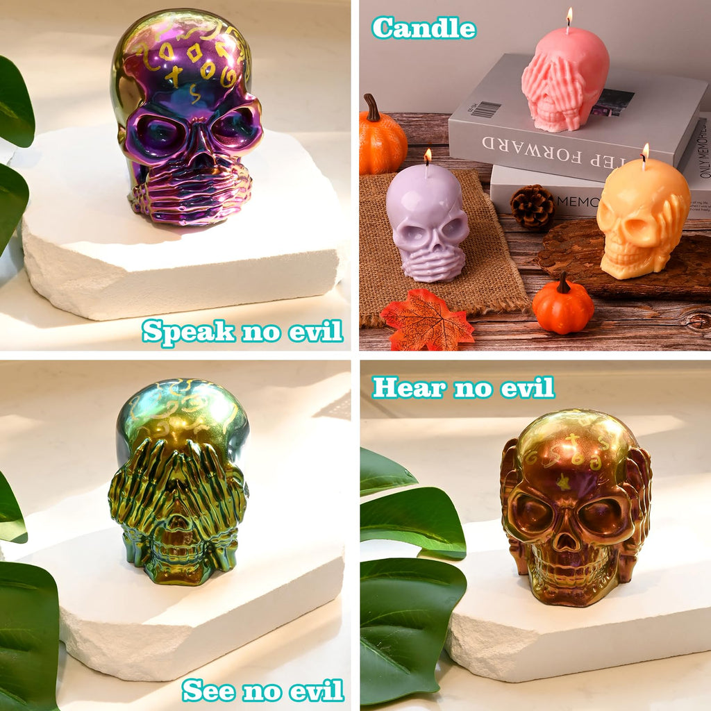 Actvty Skull Resin Molds, 3 Pieces Hear-no, Speak-no, See-no Evil Skull Silicone Molds for Resin Casting, 3D Skull Epoxy Molds for DIY Resin Crafts, Halloween Home Decor, translucent