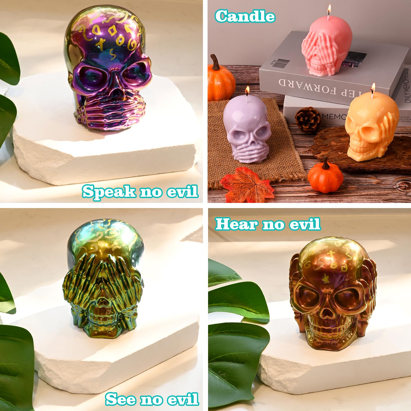Actvty Skull Resin Molds, 3 Pieces Hear-no, Speak-no, See-no Evil Skull Silicone Molds for Resin Casting, 3D Skull Epoxy Molds for DIY Resin Crafts, Halloween Home Decor, translucent