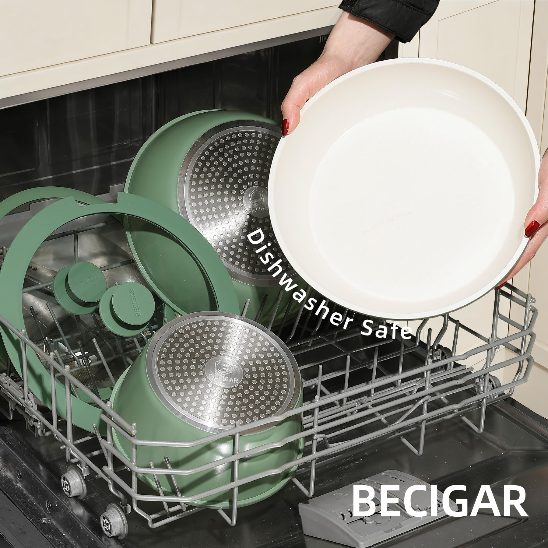 BECIGAR 23pcs Ceramic Pots and Pans Set, Nonstick Detachable Handle Cookware, Induction Kitchen Cooking Set with Removable Handle,include Frying Pans & Saucepans Oven Safe(Green)