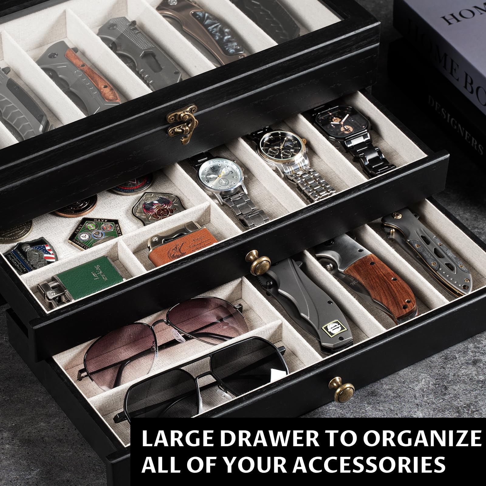 Yoimori Knife Display Case, 3-Layer Pocket Knife Case Display & Storage Knives, Solid Wood Knife Case for Collections, Gift for Boyfriend Fathers Day Birthday Gifts(Black)