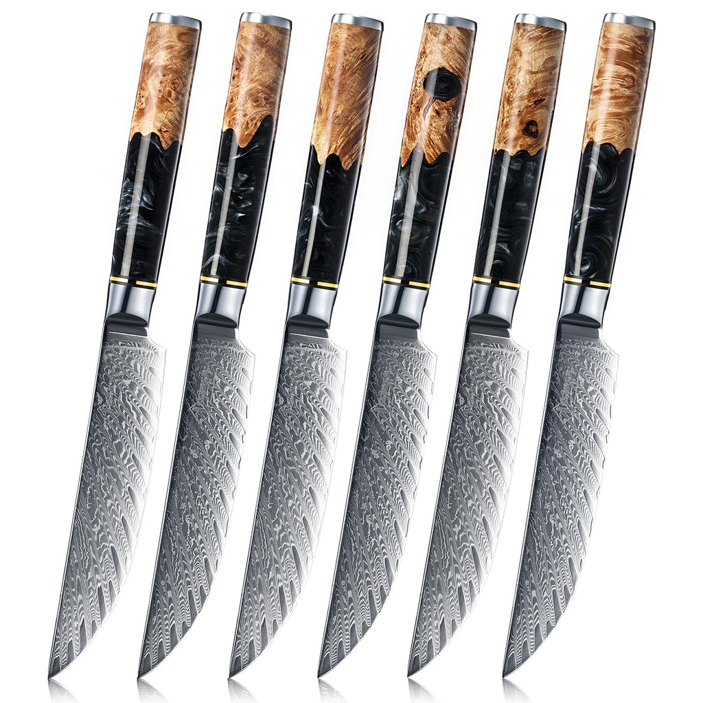SENKEN Damascus Steak Knife Set - Black Tsunami Collection - 67-Layer Japanese VG10 Steel - Razor Sharp Non-Serrated Blades, Black Resin & Burl Wood Handles, Luxury Gift Box