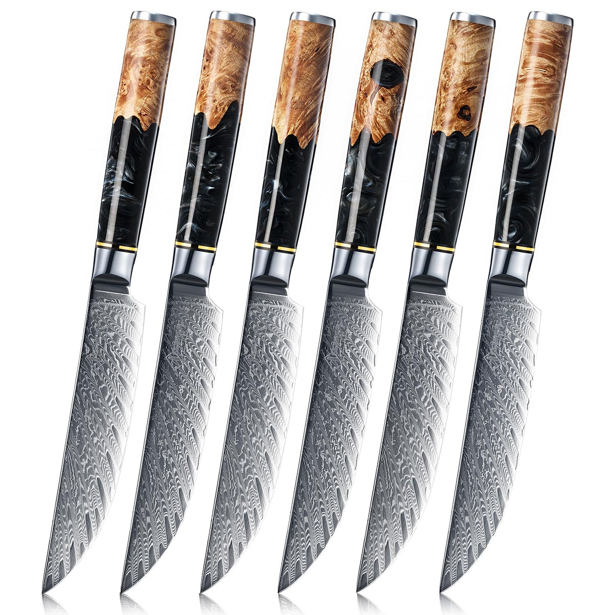 SENKEN Damascus Steak Knife Set - Black Tsunami Collection - 67-Layer Japanese VG10 Steel - Razor Sharp Non-Serrated Blades, Black Resin & Burl Wood Handles, Luxury Gift Box