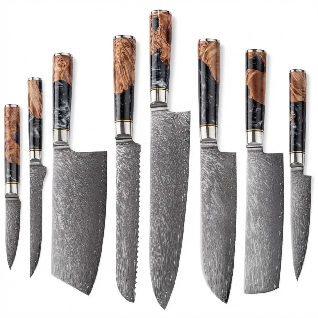 The Epicurean Cook Real Forged Damascus 8pc Japanese-Style Knife Set Blue