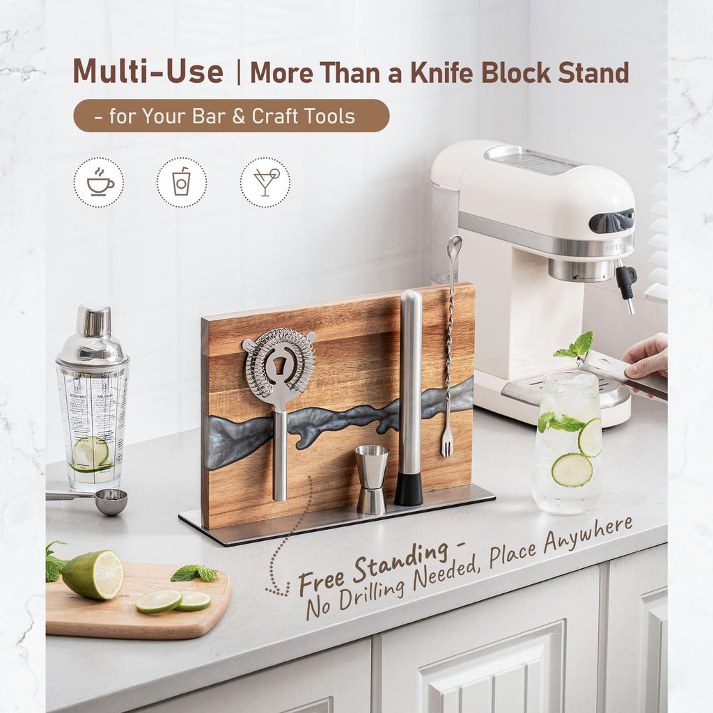 Magnetic Knife Block for Countertop, Strong Magnetic Knife Holder Stand, Acacia Wood & Epoxy Resin Organizer for Kitchen Knives, Gift for Cooks