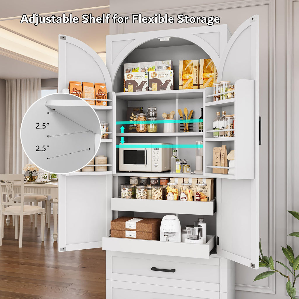 iPormis 71" Tall Kitchen Pantry Storage Cabinet w/Adjustable Shelf, Door Shelves & Large Drawers, Freestanding Kitchen Cupboard for Dining Room/Living Room, White