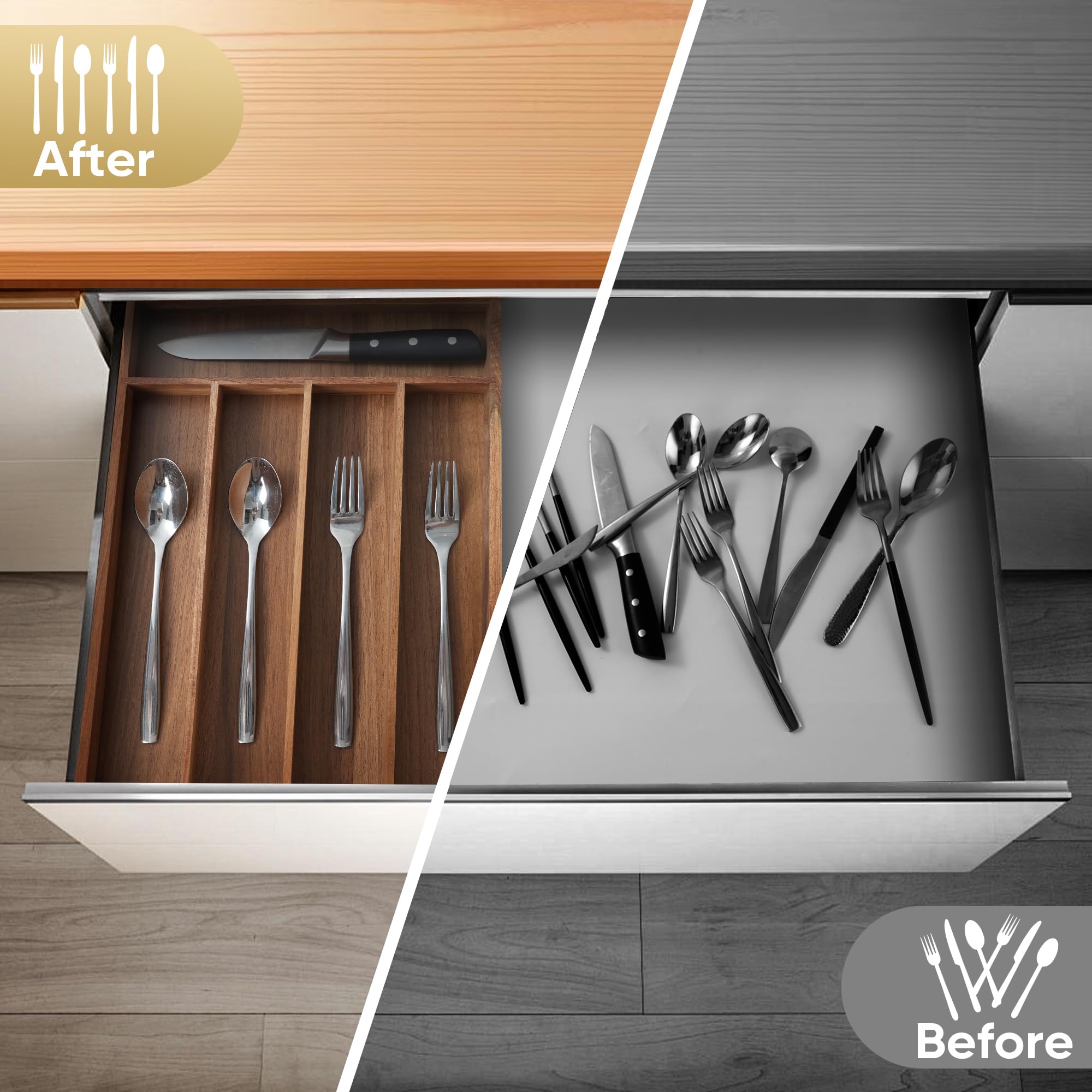 SUNBREATH Silverware Organizer, 10 Inch Utensil Organizer Kitchen Drawer Organizer Acacia Silverware Holder Cutlery Tray Organizer in Drawer Flatware Organizer Tray(5 slots, Acacia