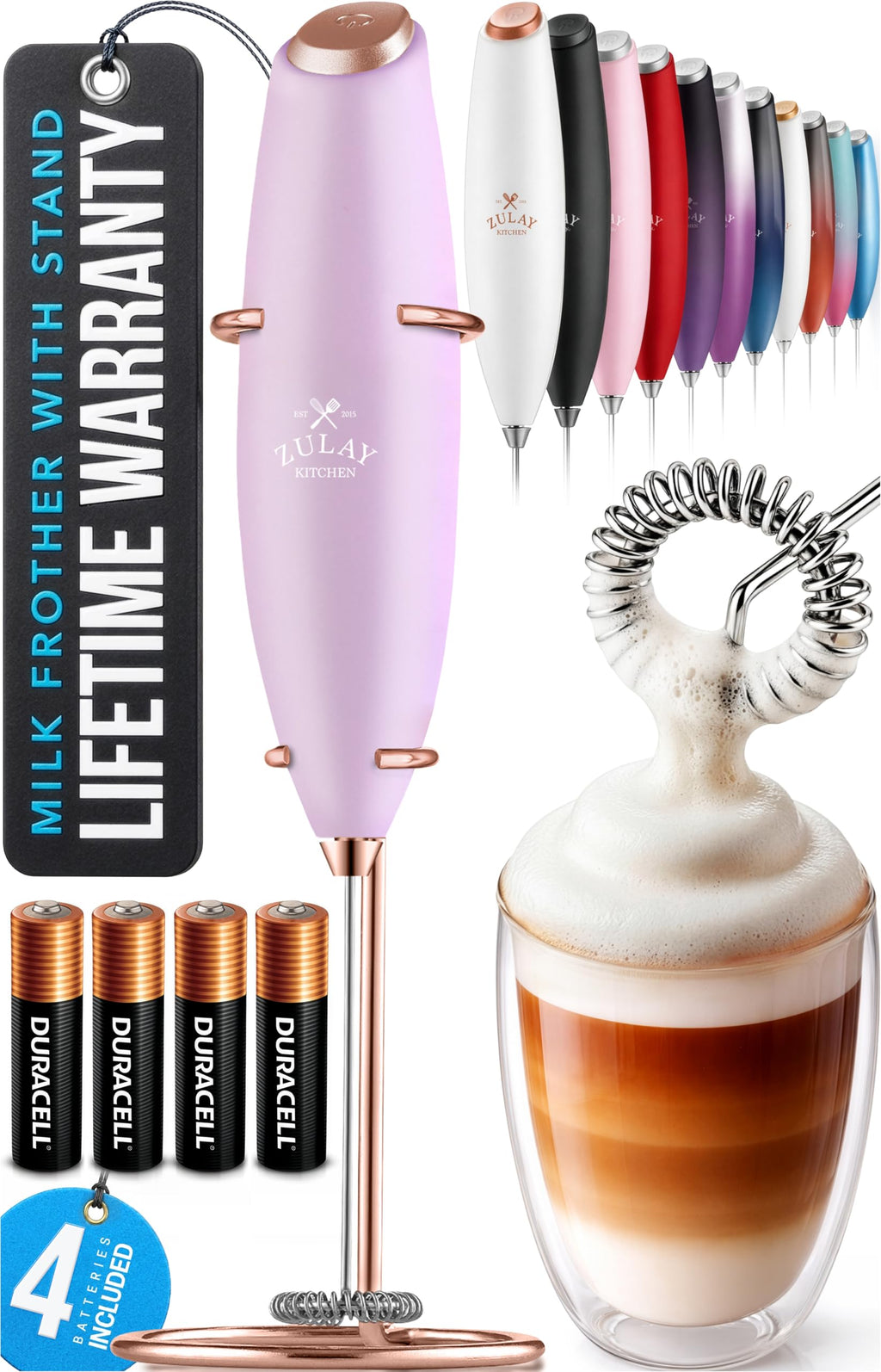 Zulay Kitchen Powerful Milk Frother Wand With Duracell Batteries - Ultra Fast Handheld Drink Mixer - Electric Whisk Foam Maker for Coffee, Lattes, Cappuccino & Matcha - Z1 Motor - Aqua