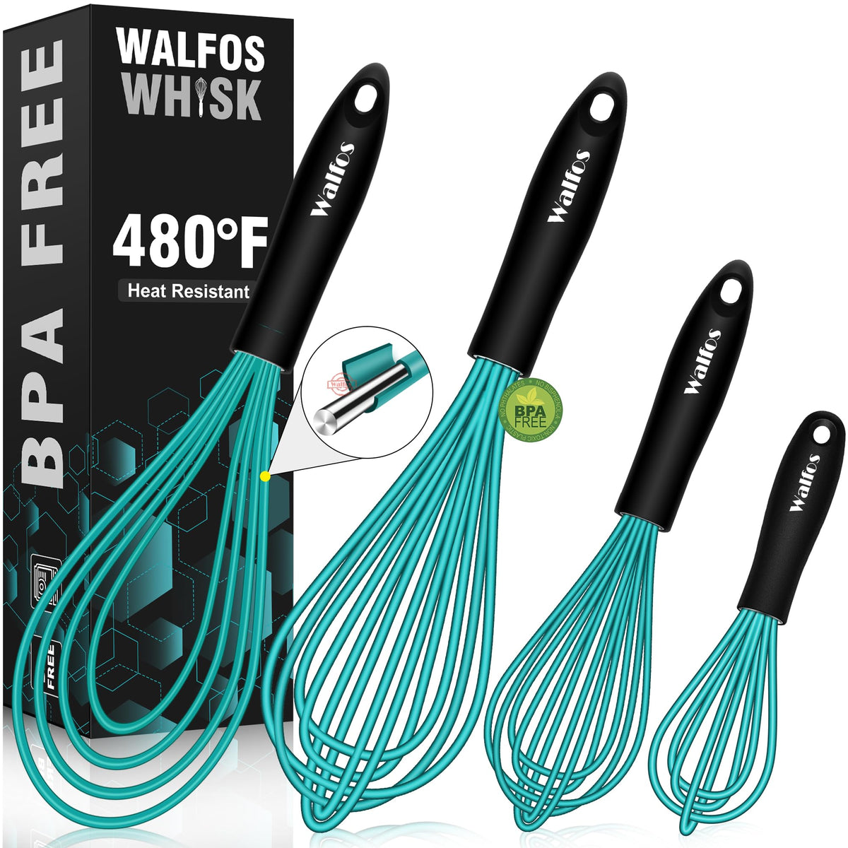 Walfos Whisk,5+7Inch Mini Whisks,Silicone Non Scratch whisk,Heat Resistant(480°F) Small whisks Suitable for stirring individual eggs and mixing small amounts of powder and sauce. Purple & Green