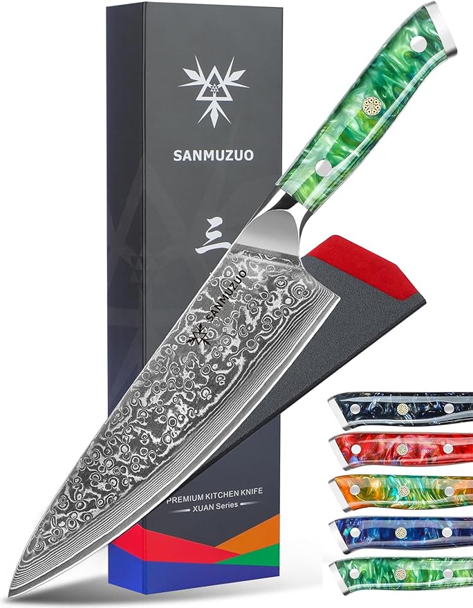 SANMUZUO Chef Knife - 8 inch - Xuan Series - VG10 Damascus Steel Kitchen Knife - Resin Handle (Jade Green)