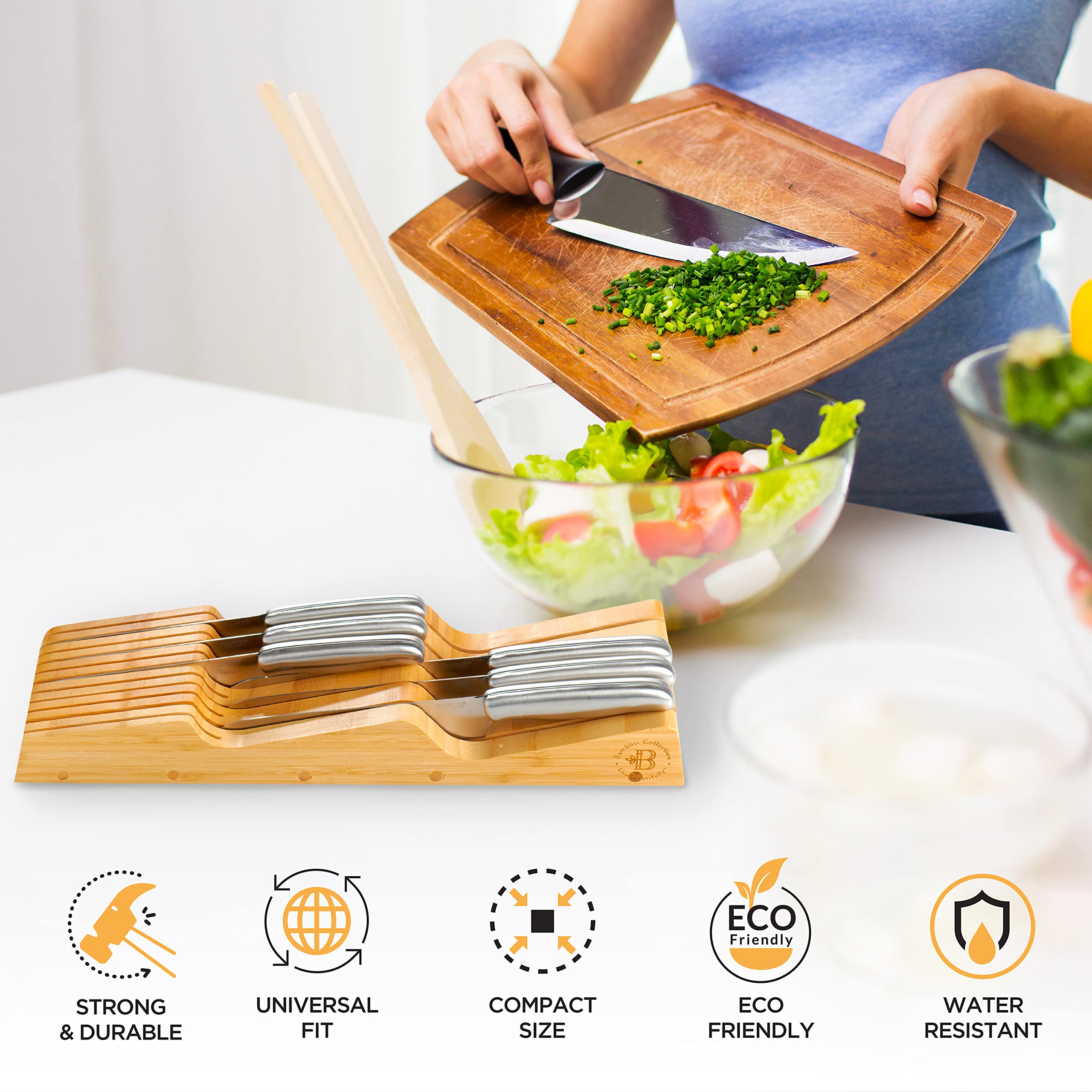 Bambüsi Knife Drawer Organizer 16 Slot In-Drawer Knife Block Holder, Bamboo