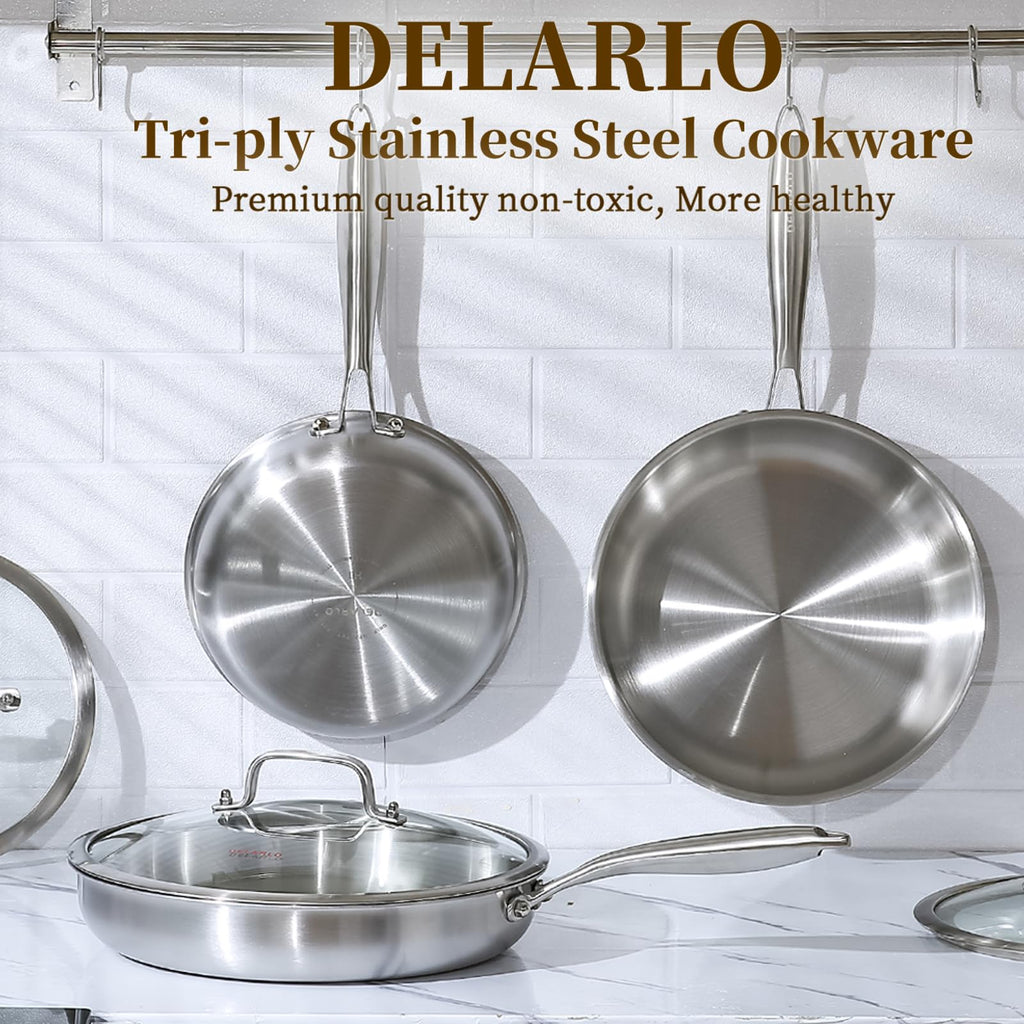 DELARLO Tri-Ply Stainless Steel Pan, 18/10 Frying Pan, Oven Safe Up to 600°F, Nontoxic Cookware, Compatible with All Cooktops Skillet, Durable, Fast Even Heat Fry Pan,9" Pan with Lid