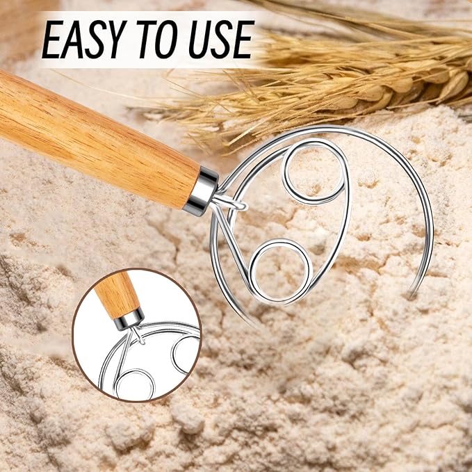 YIGEDA Danish Dough Whisk, Stainless Steel Wood Handle for Sourdough Bread
