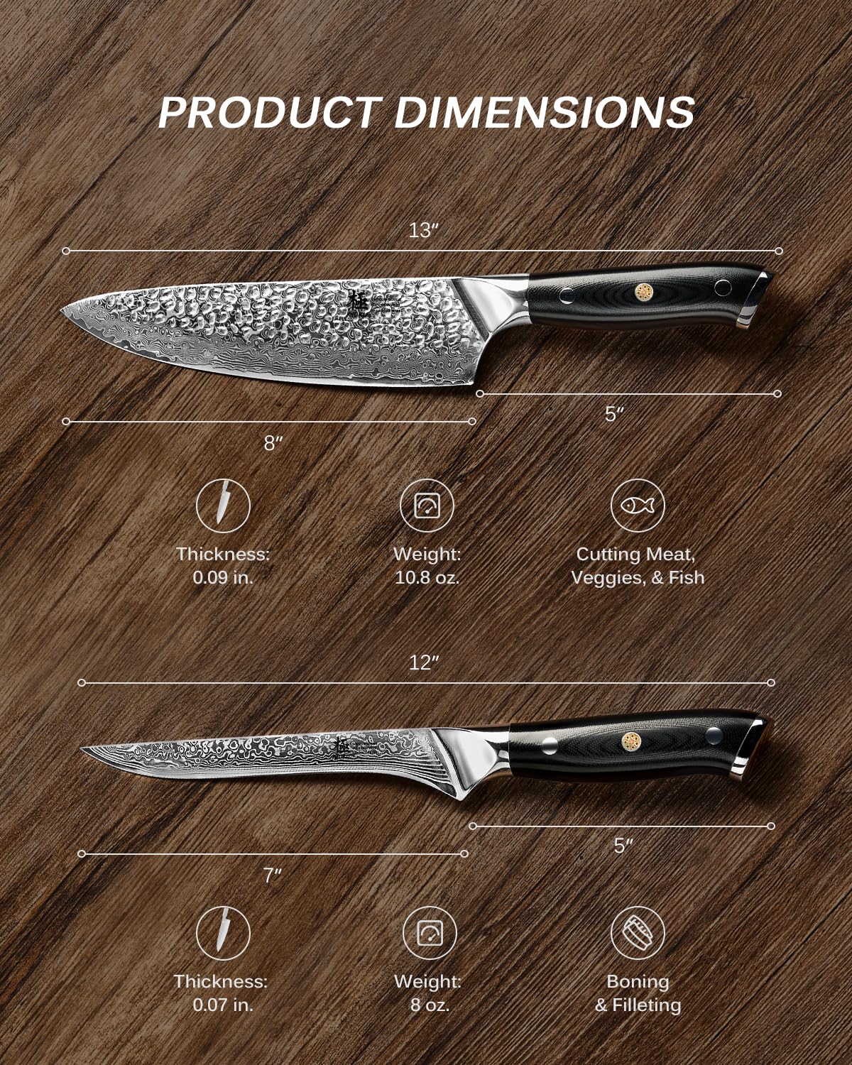 KYOKU Knife Set, Shogun Series 2pc Japanese Style Kitchen Knife Set, 7" Boning 8" Chef Knife with Sheath Gift Box, Professional Sharp Damascus Stainless Steel Knives for Meat Vegetable