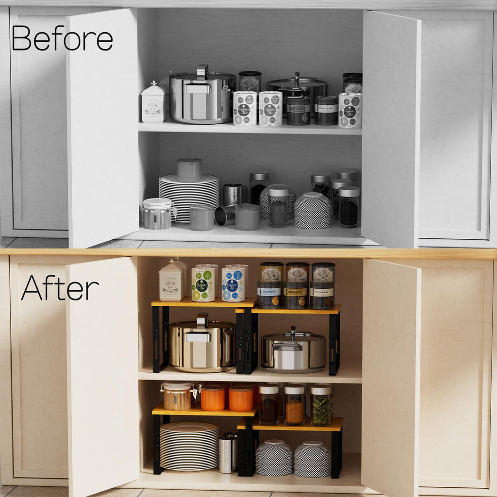 Adjustable Storage Shelves for Kitchen Cabinet Organization - Set of 2 Stackable Metal & Solid Wood Racks, Space-Saving Design for Countertop/Pantry/Garage, Easy Assembly(2 Packs/Medium/Black)