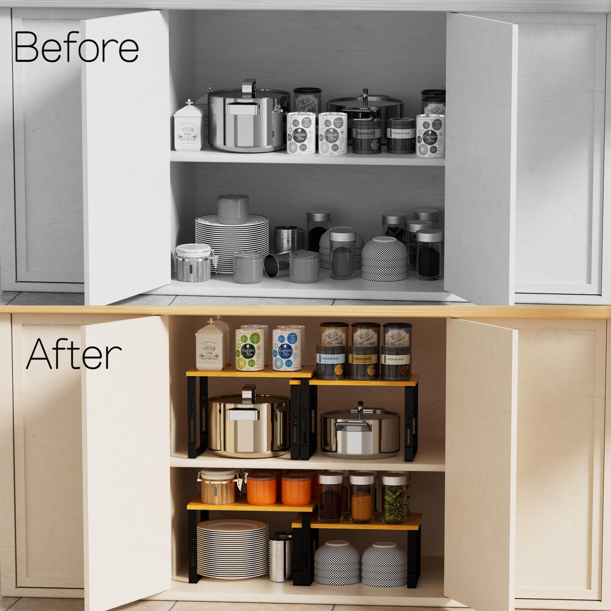 Adjustable Storage Shelves for Kitchen Cabinet Organization - Set of 2 Stackable Metal & Solid Wood Racks, Space-Saving Design for Countertop/Pantry/Garage, Easy Assembly(2 Packs/Medium/Black)