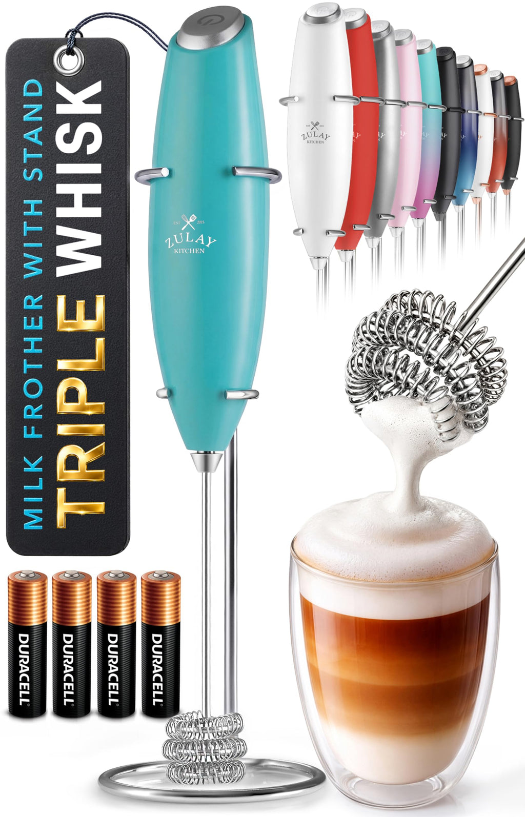Zulay Kitchen Powerful Milk Frother Wand With Duracell Batteries - Ultra Fast Handheld Drink Mixer - Electric Whisk Foam Maker for Coffee, Lattes, Cappuccino & Matcha - Z1 Motor - Aqua