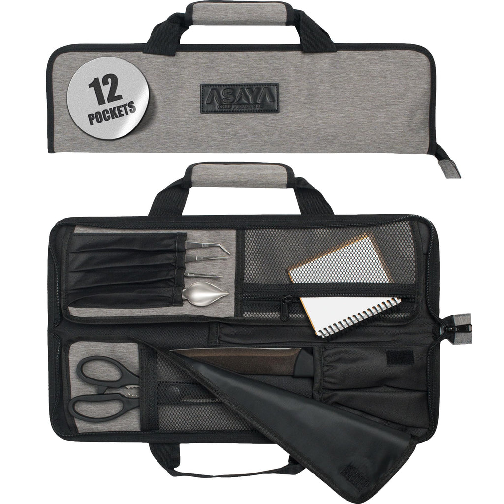 Asaya Chef Knife Roll Bag - 12-Pocket Chefs Case for Kitchen Knives and Utensils, Lightweight Stain-Resistant Waxed Nylon Chef Knife Bag - Knives Not Included (Grey)